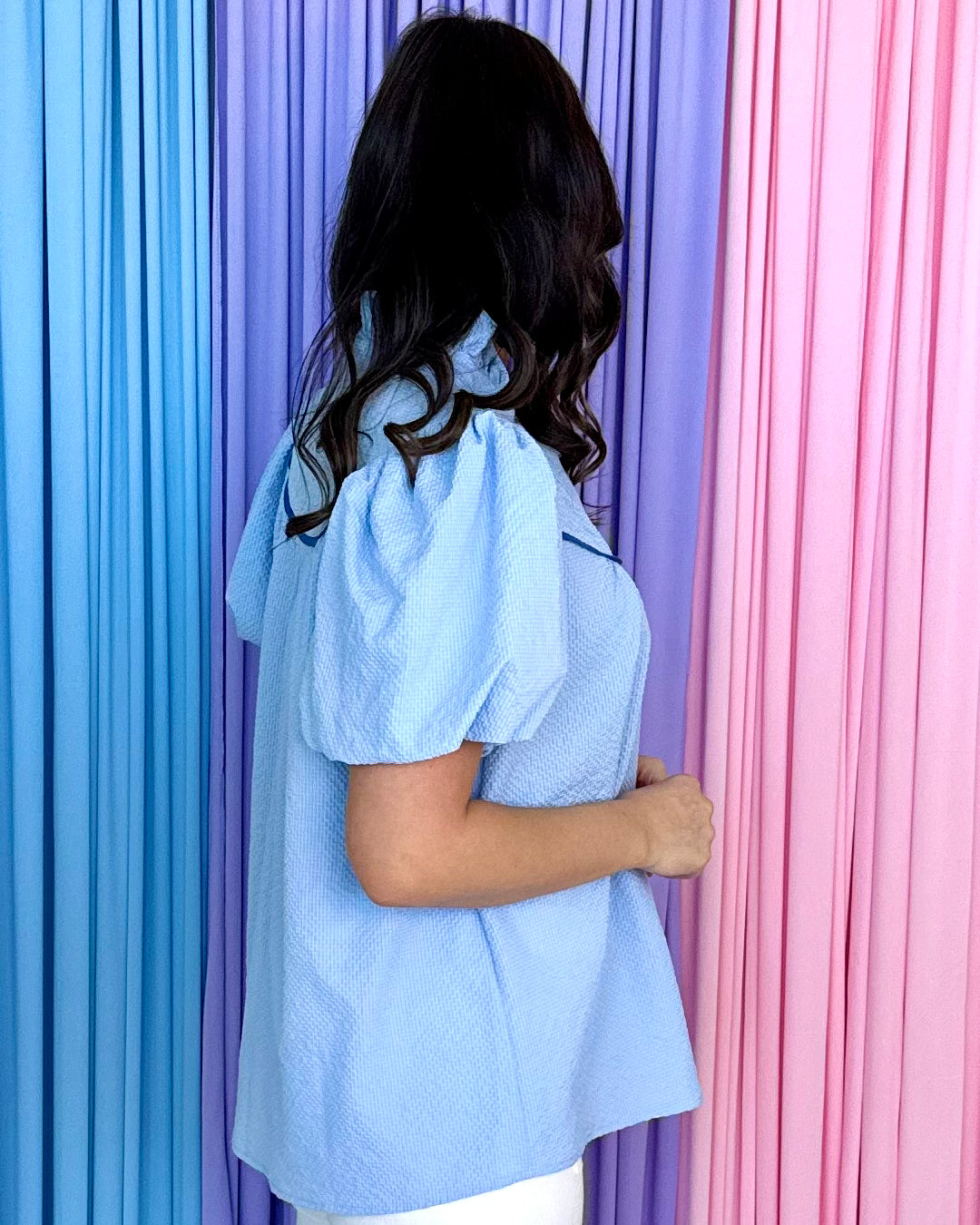 Own Your Space Sky Textured Ruffled Top-Shop-Womens-Boutique-Clothing