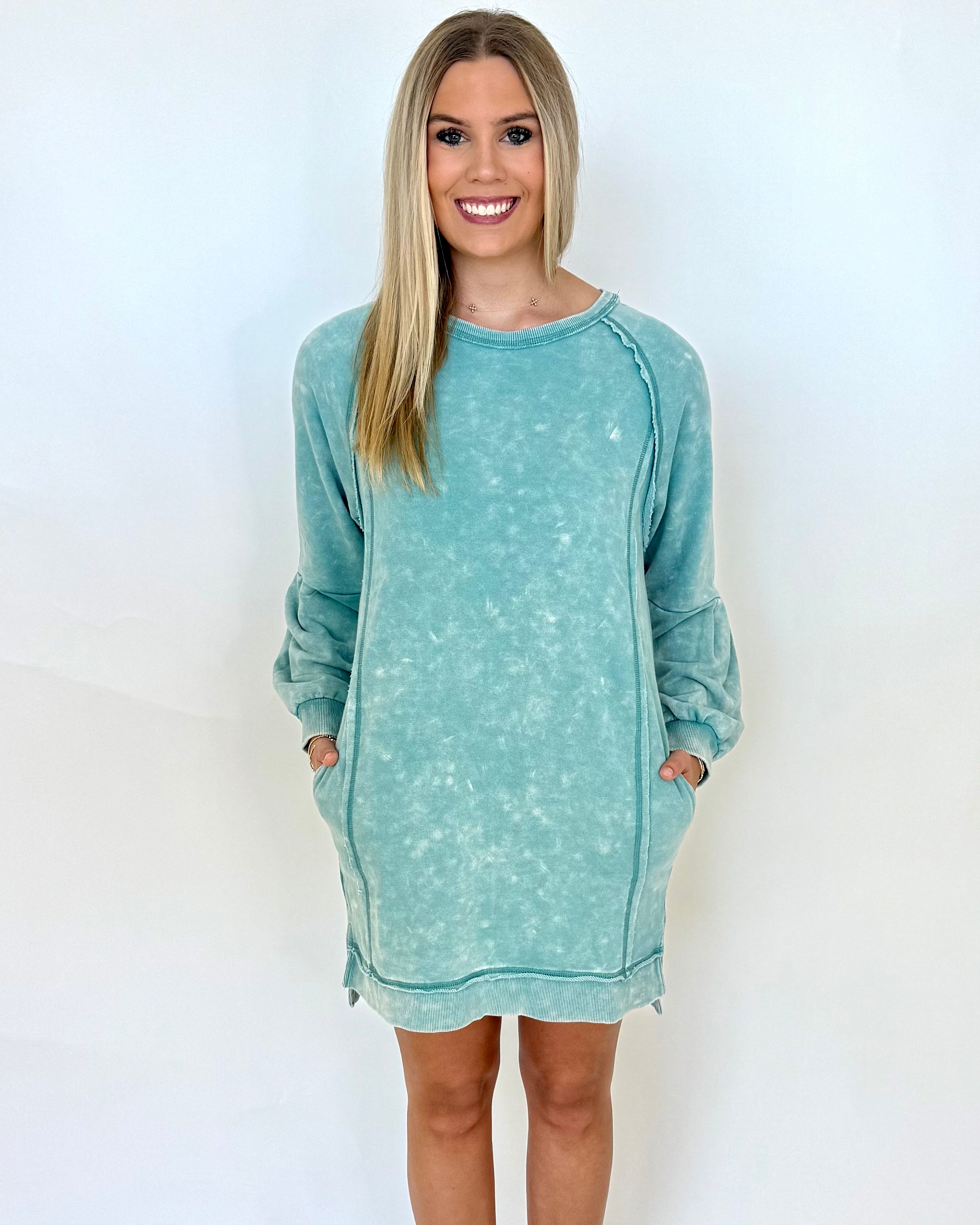 Be There Sage Washed Sweatshirt Dress-Shop-Womens-Boutique-Clothing