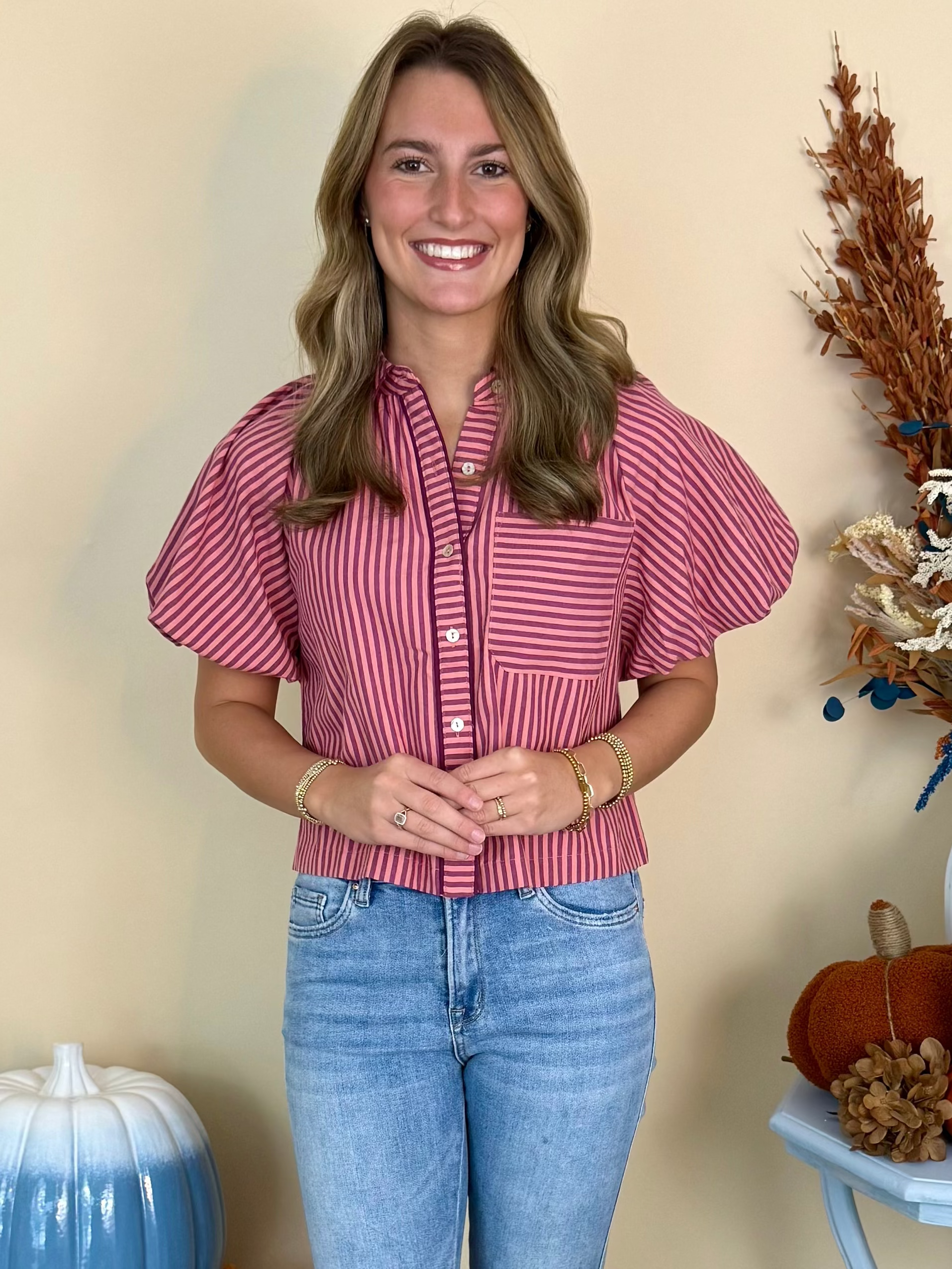Worth Knowing Marsala Striped Puff Sleeve Button Top-Shop-Womens-Boutique-Clothing