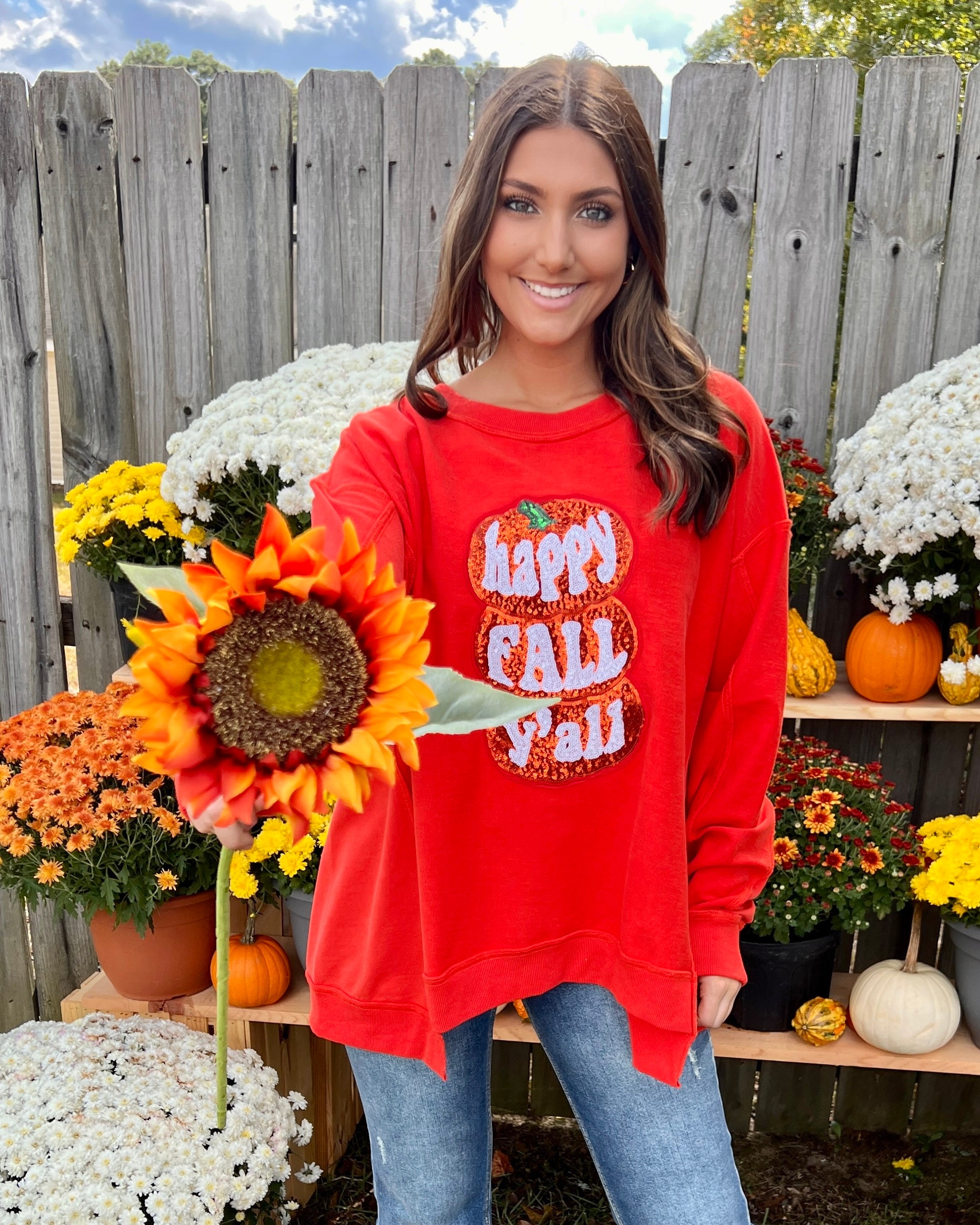 I Want It Bright Orange Happy Fall Y’all Sequin Sweatshirt-Shop-Womens-Boutique-Clothing