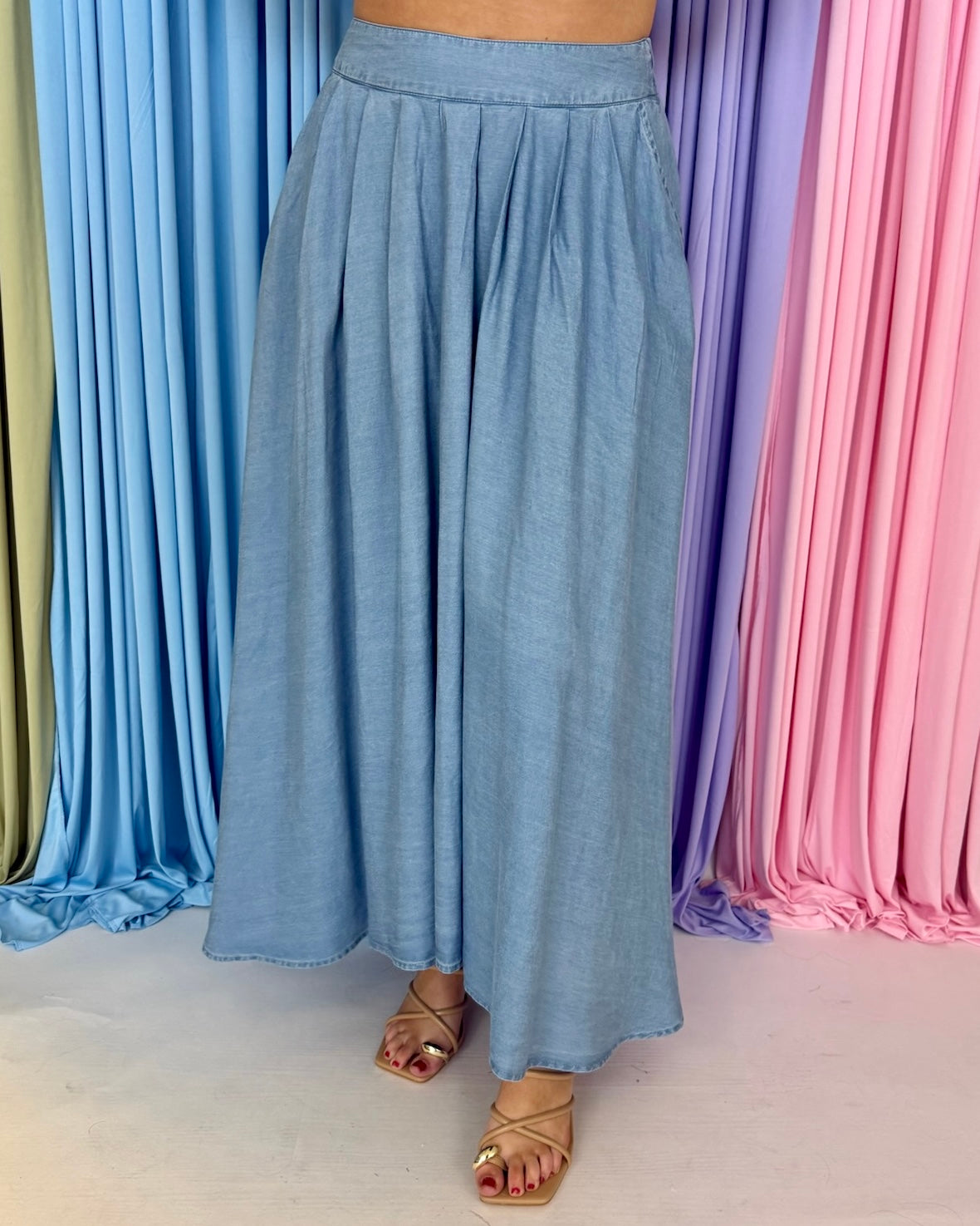 Sweet As Can Be Chambray Pleated Midi Skirt-Shop-Womens-Boutique-Clothing