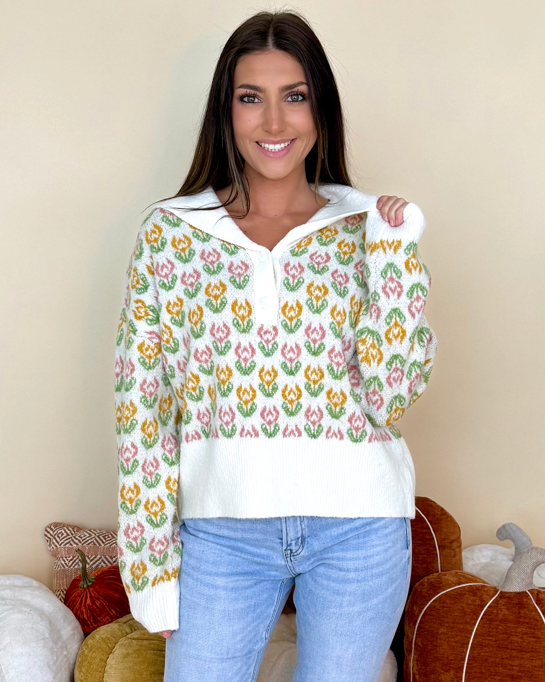 Cozy Season Ivory Floral Sailor Collar Sweater-Shop-Womens-Boutique-Clothing