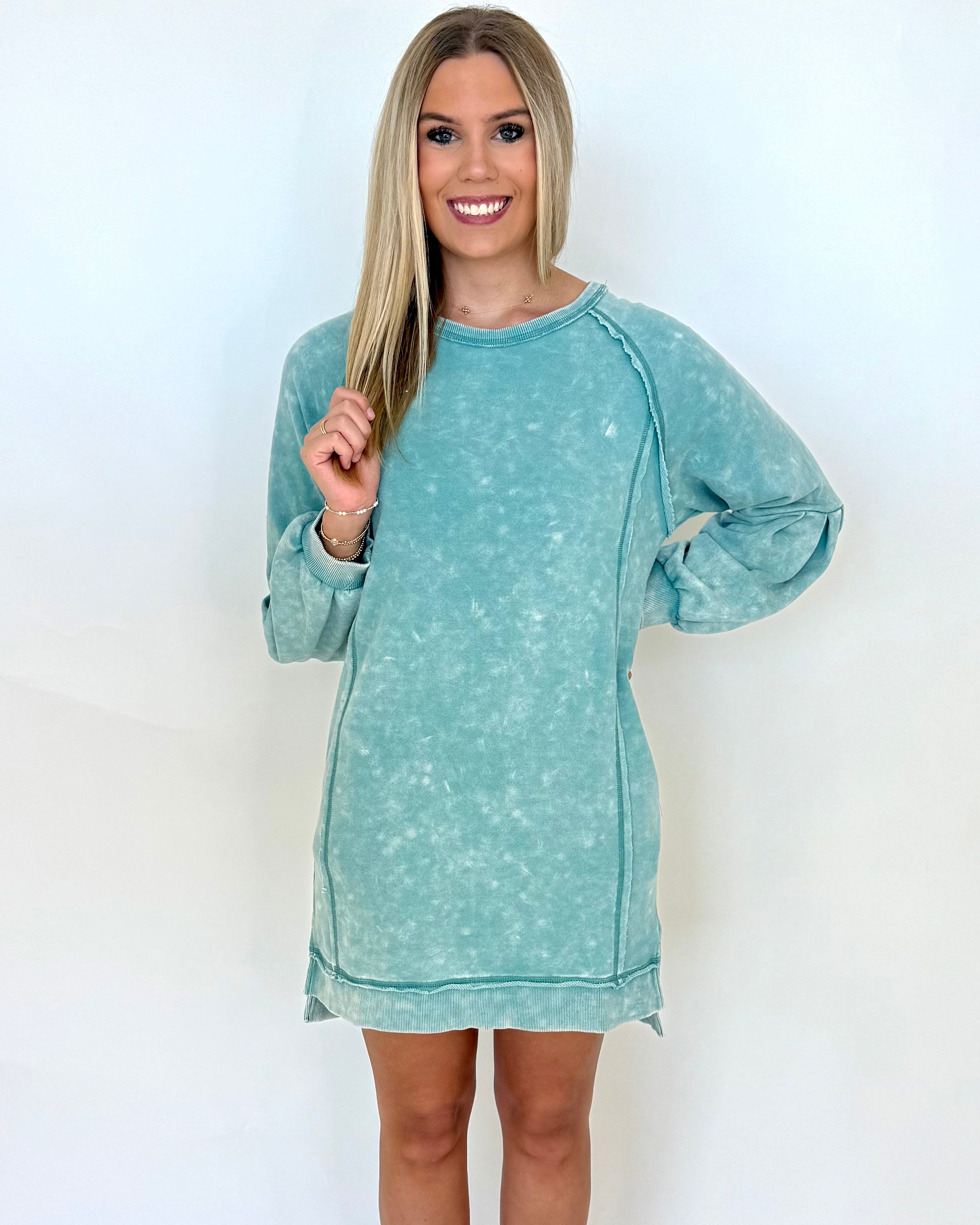 Be There Sage Washed Sweatshirt Dress-Shop-Womens-Boutique-Clothing