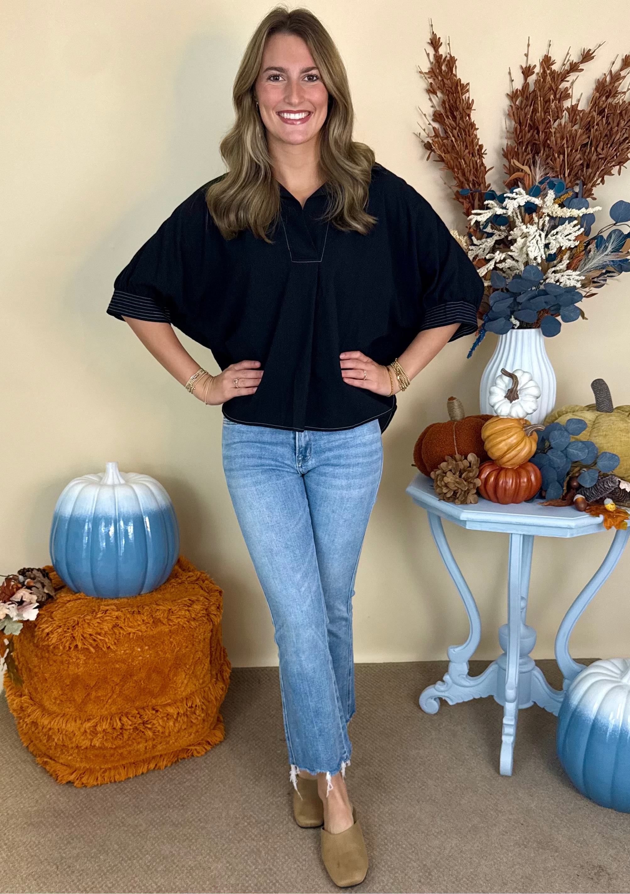 Fits the Plan Black V-Neck Stitch Collared Top-Shop-Womens-Boutique-Clothing
