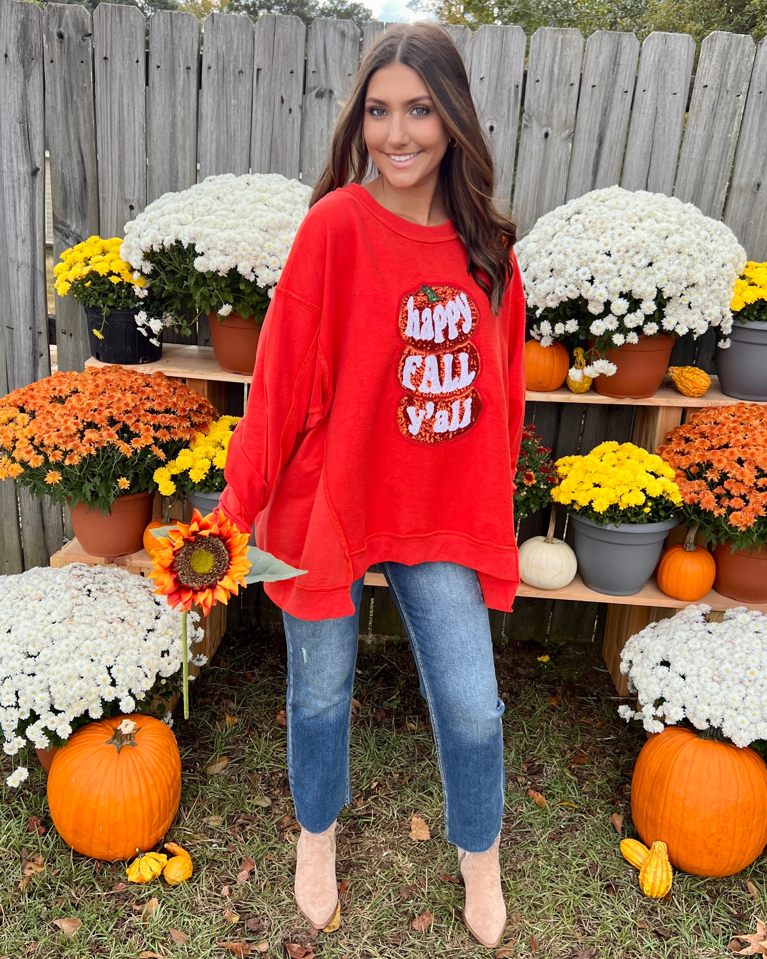 I Want It Bright Orange Happy Fall Y’all Sequin Sweatshirt-Shop-Womens-Boutique-Clothing