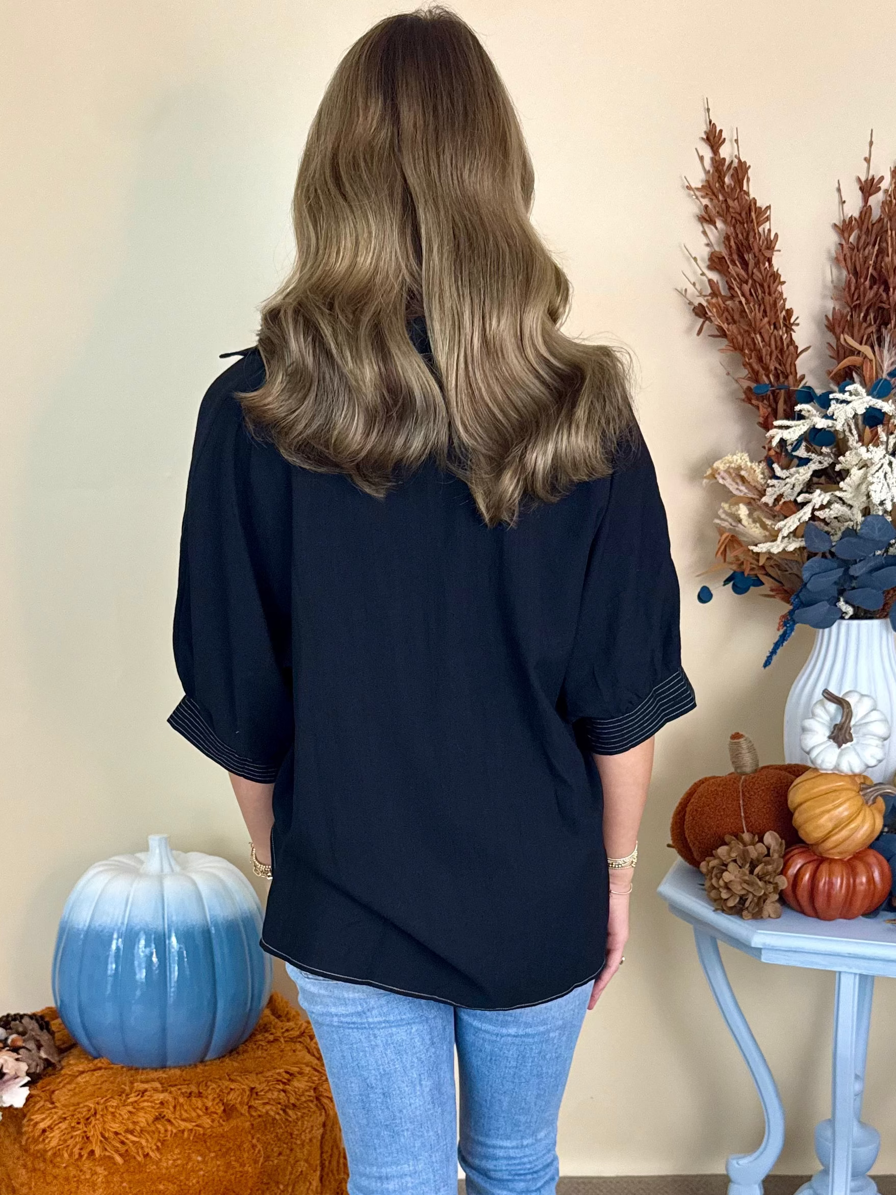Fits the Plan Black V-Neck Stitch Collared Top-Shop-Womens-Boutique-Clothing