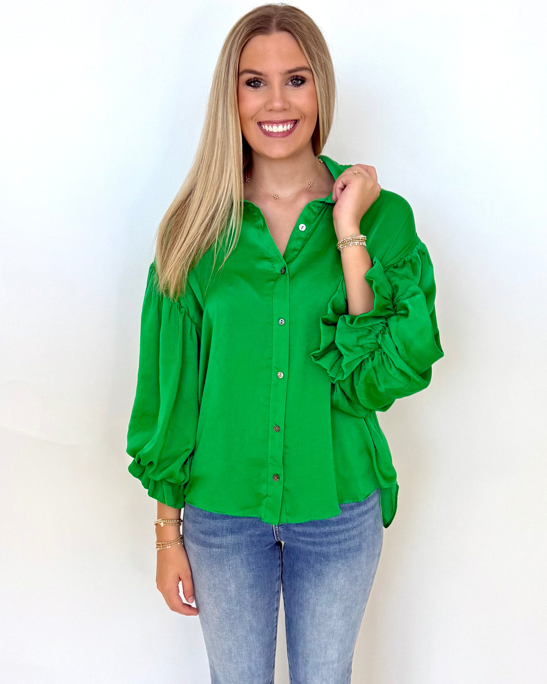 Till Dusk Kelly Green Button Up Top-Shop-Womens-Boutique-Clothing