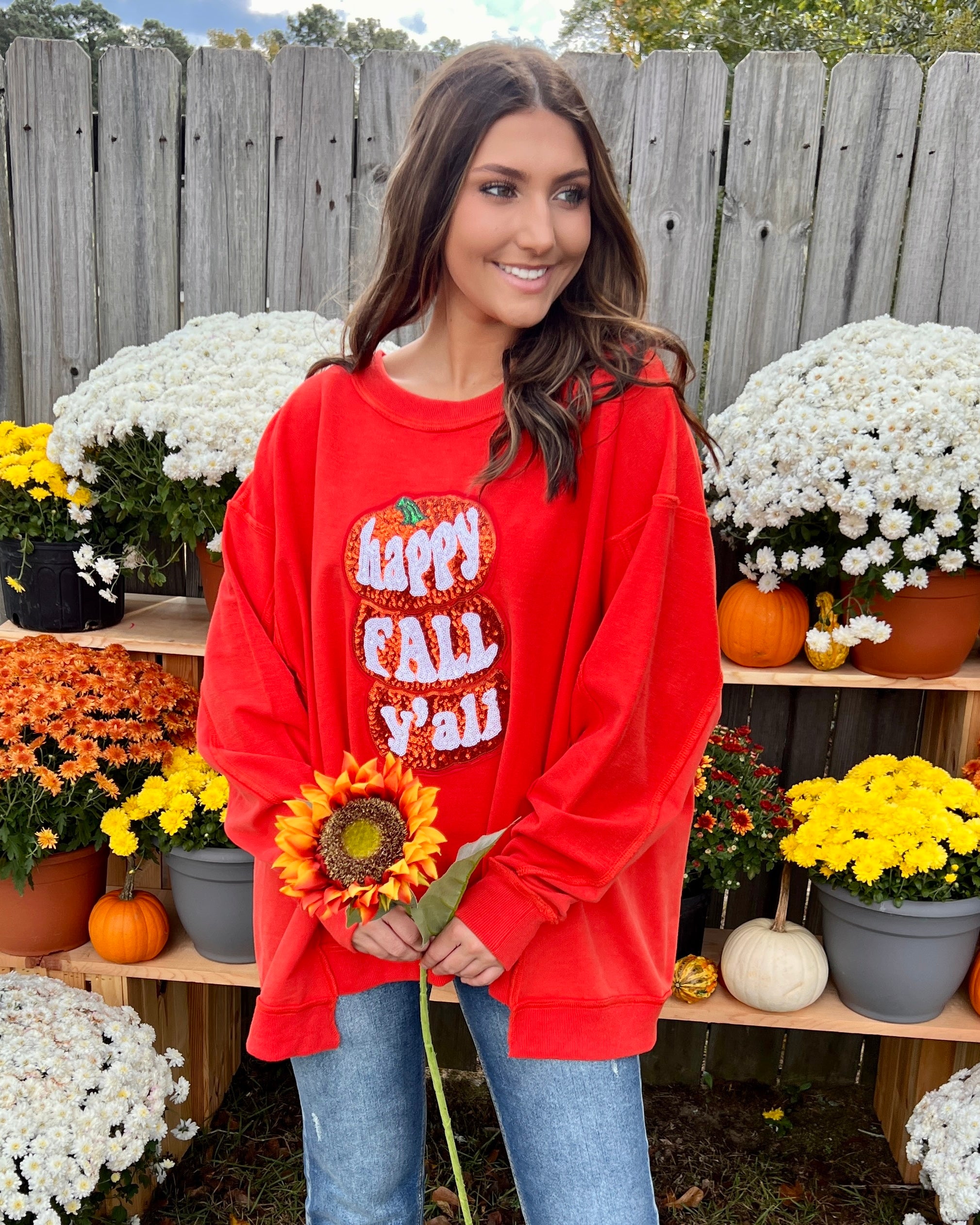 I Want It Bright Orange Happy Fall Y’all Sequin Sweatshirt-Shop-Womens-Boutique-Clothing