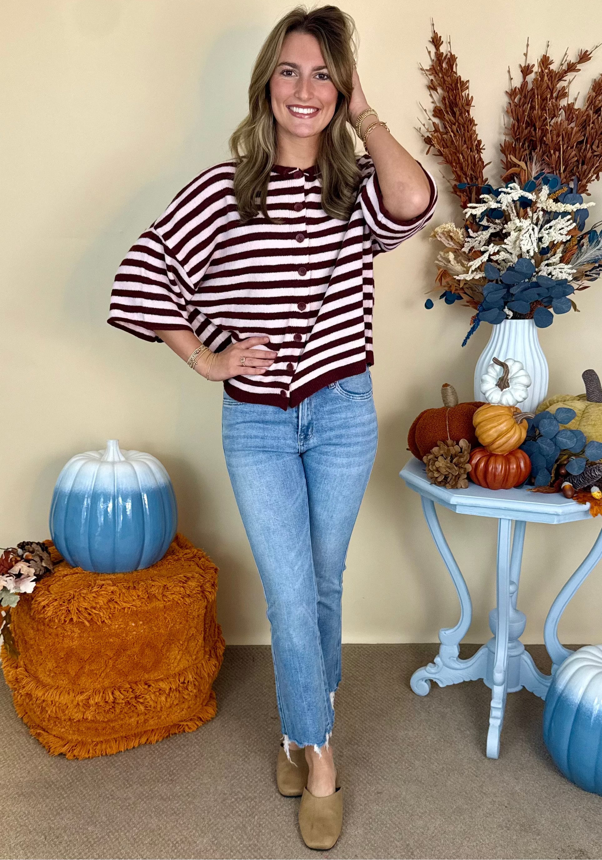 Your Move Burgundy Stripe SS Cardigan-Shop-Womens-Boutique-Clothing