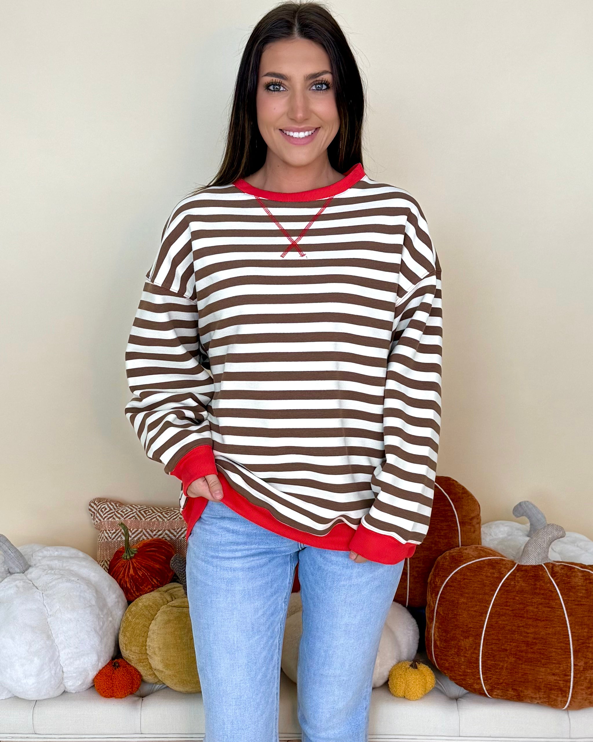 New Style Brown/Coral Stripe Sweatshirt-Shop-Womens-Boutique-Clothing