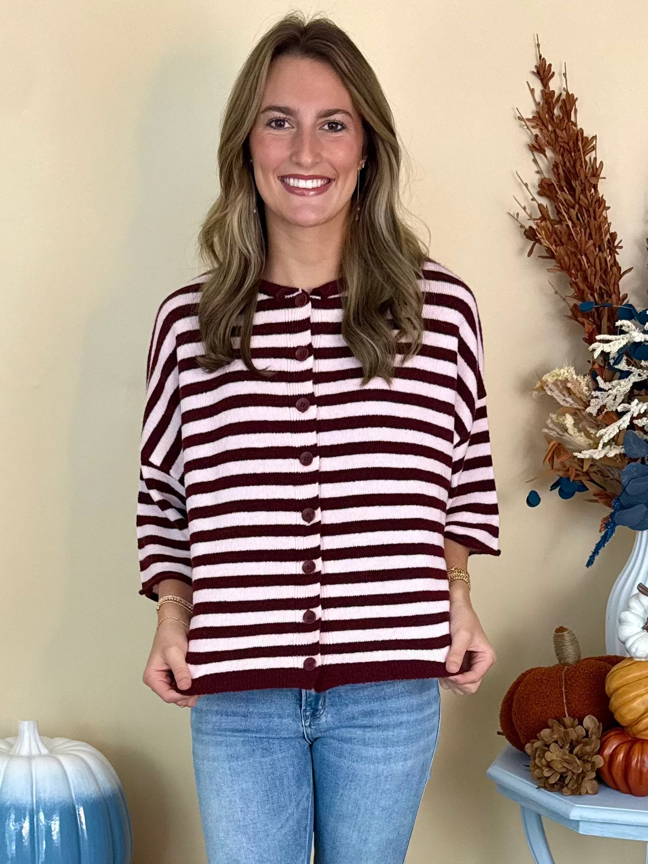 Your Move Burgundy Stripe SS Cardigan-Shop-Womens-Boutique-Clothing