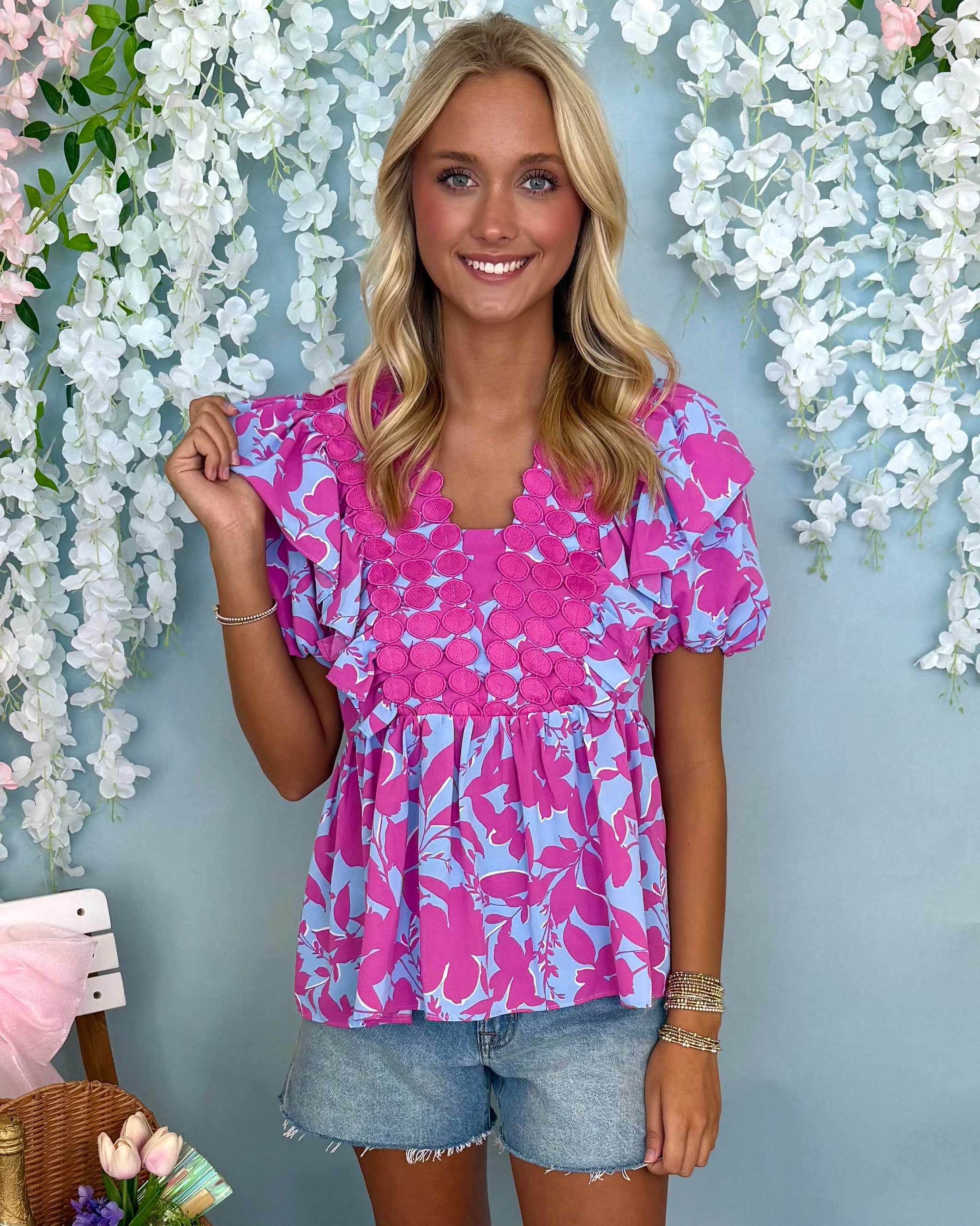 Polished Perfection Fuchsia Denim Floral Top-Shop-Womens-Boutique-Clothing