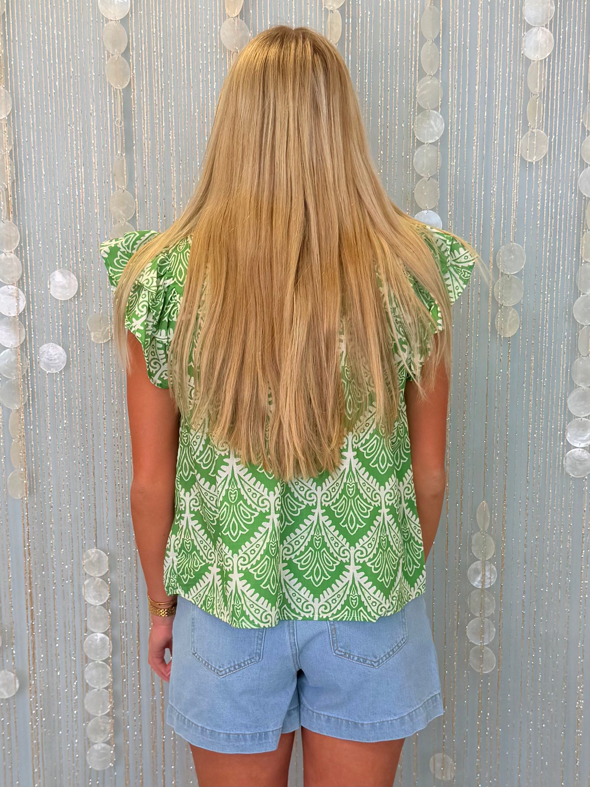 Lovely Mood Green Print Flutter Sleeve Top-Shop-Womens-Boutique-Clothing
