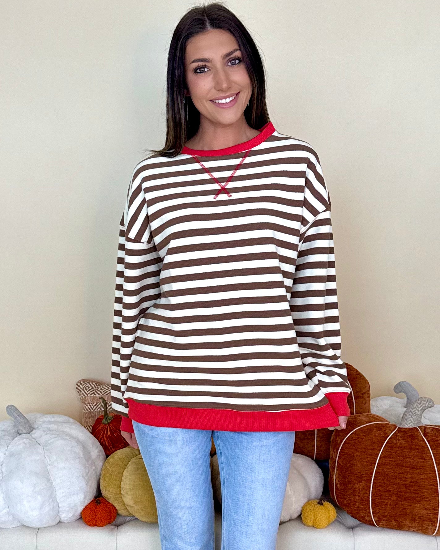 New Style Brown/Coral Stripe Sweatshirt-Shop-Womens-Boutique-Clothing