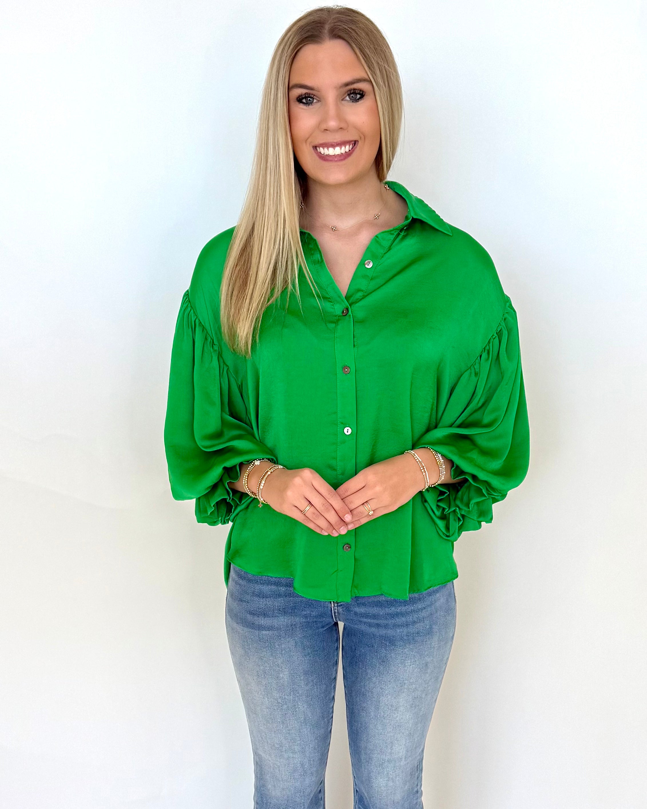 Till Dusk Kelly Green Button Up Top-Shop-Womens-Boutique-Clothing