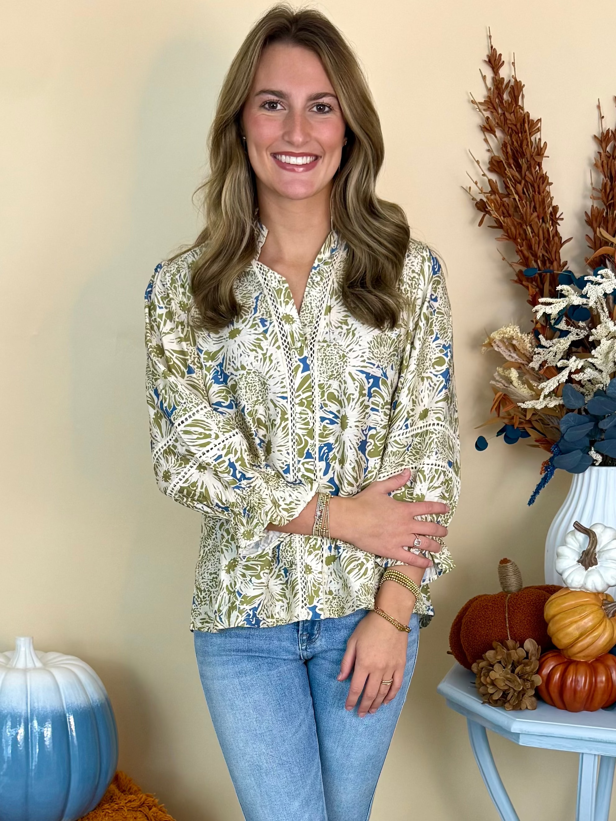 On the Avenue Olive Floral Lace Detail Button Down Top-Shop-Womens-Boutique-Clothing