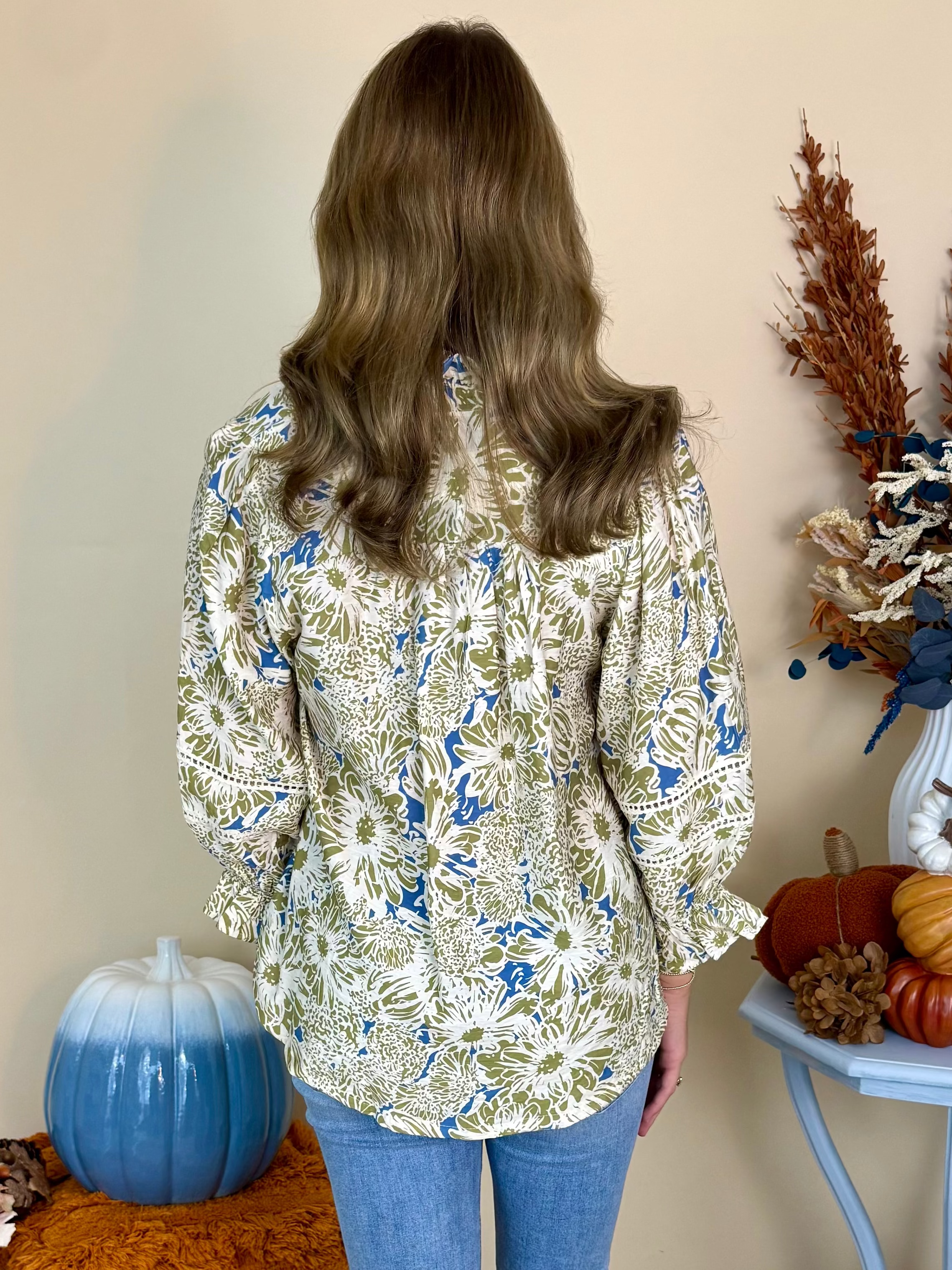 On the Avenue Olive Floral Lace Detail Button Down Top-Shop-Womens-Boutique-Clothing