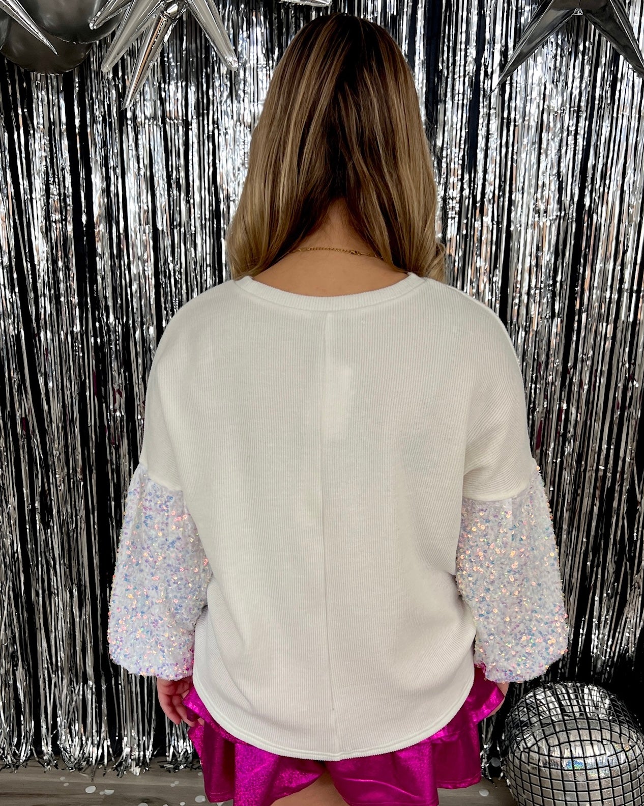 Looking Luxe Off White Sequin Sleeve Knit Top-Shop-Womens-Boutique-Clothing