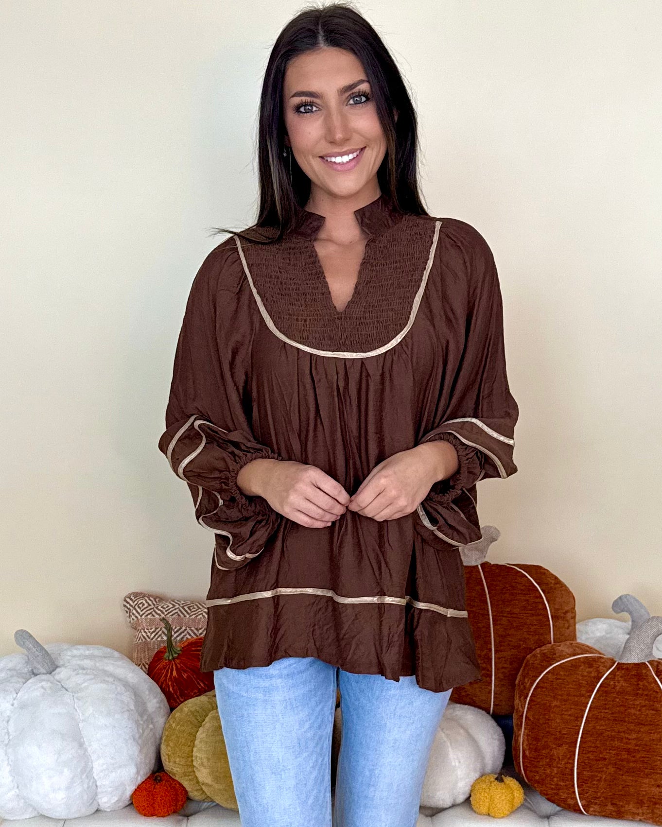 Moment Of Time Brown Smocked Piping Top-Shop-Womens-Boutique-Clothing