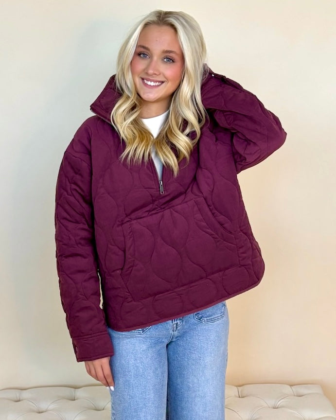 Cozied Up Dark Cherry Quilted Half Zip Pullover Jacket-Shop-Womens-Boutique-Clothing