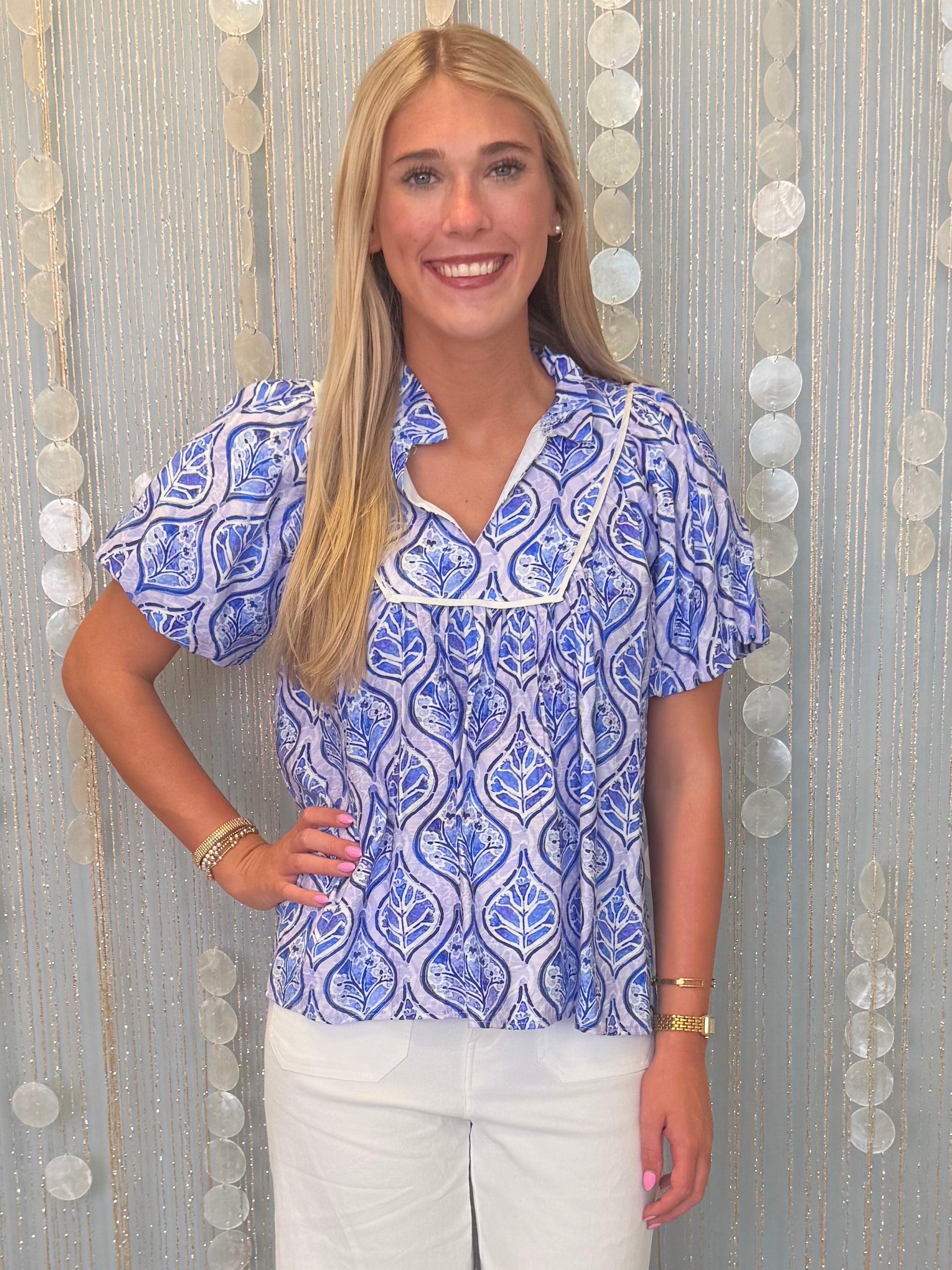 Free To Fly Royal Floral Ruffled Neck Top-Shop-Womens-Boutique-Clothing