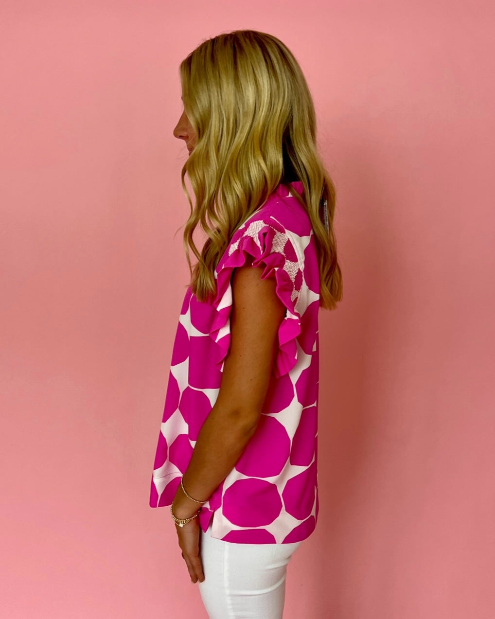 Starting Today Hot Pink Large Dot Print Ruffle Top-Shop-Womens-Boutique-Clothing