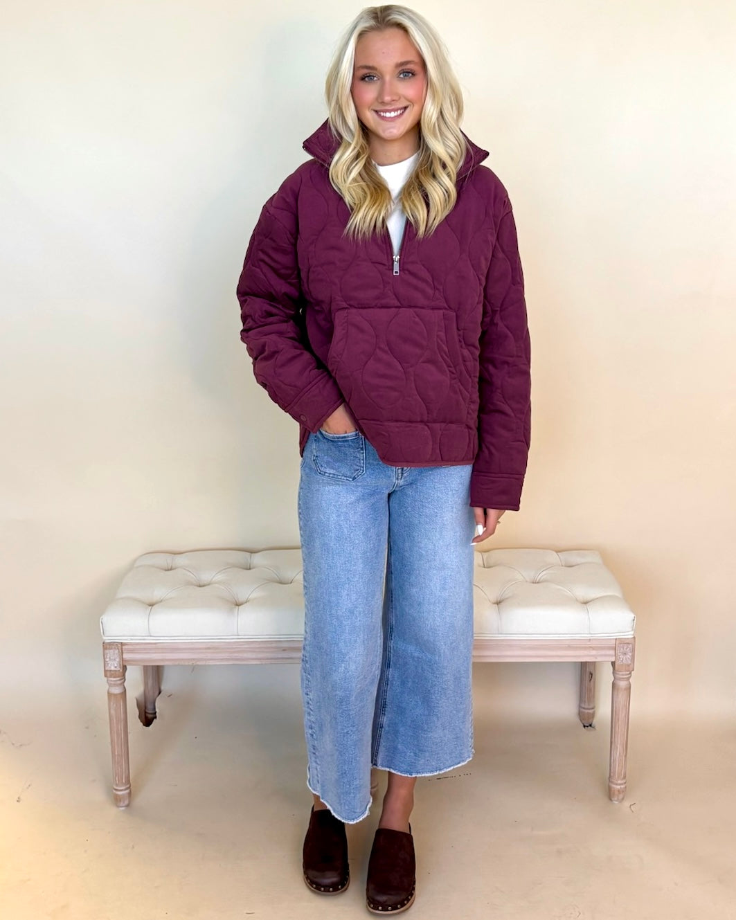Cozied Up Dark Cherry Quilted Half Zip Pullover Jacket-Shop-Womens-Boutique-Clothing