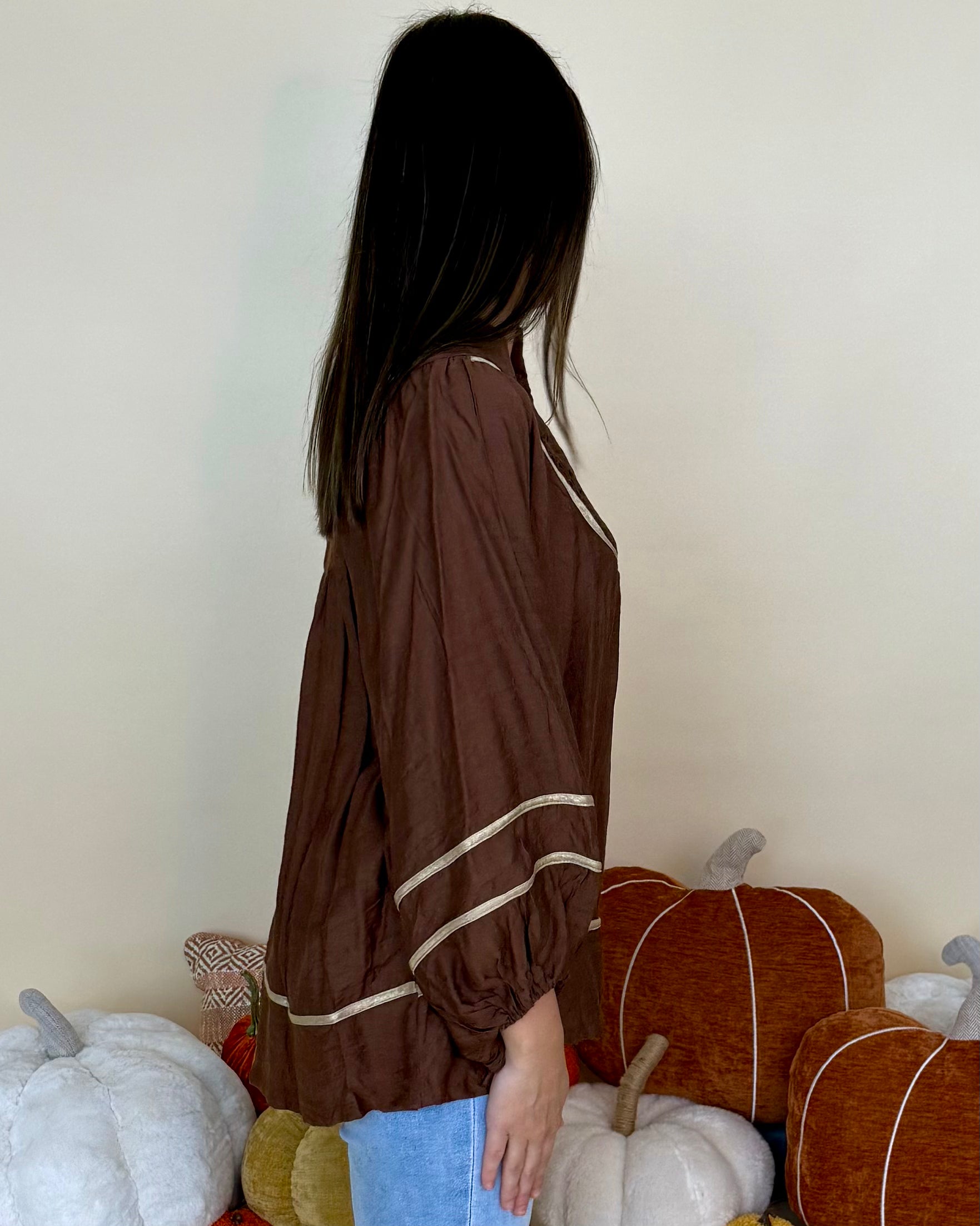 Moment Of Time Brown Smocked Piping Top-Shop-Womens-Boutique-Clothing