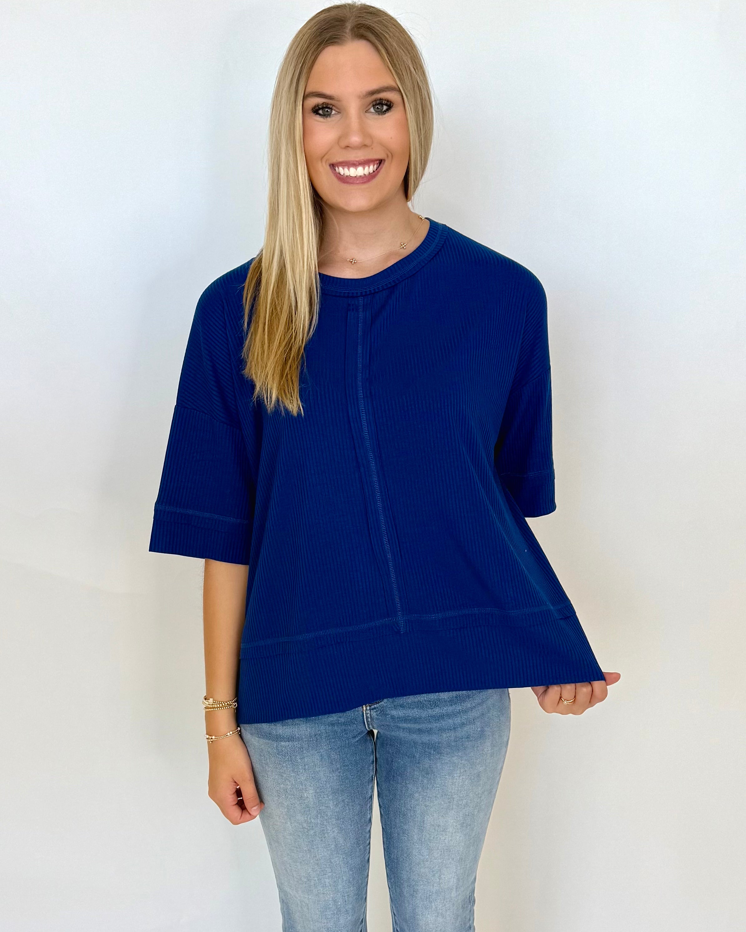 Chill Mode Lt Navy Ribbed Top-Shop-Womens-Boutique-Clothing