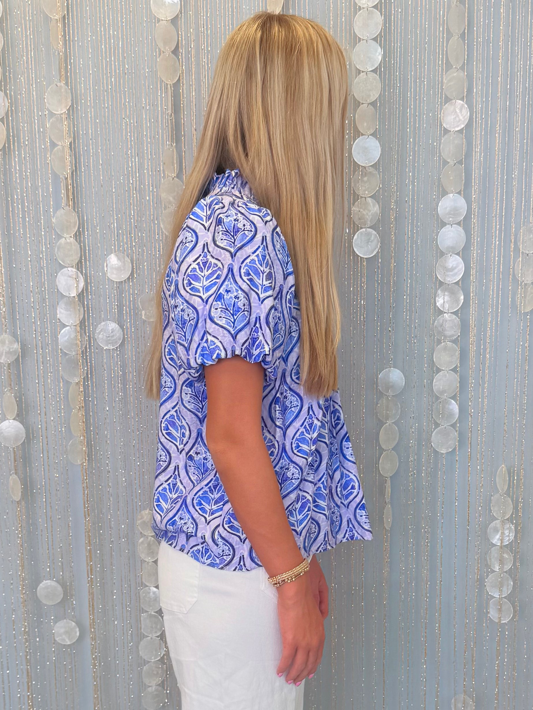 Free To Fly Royal Floral Ruffled Neck Top-Shop-Womens-Boutique-Clothing