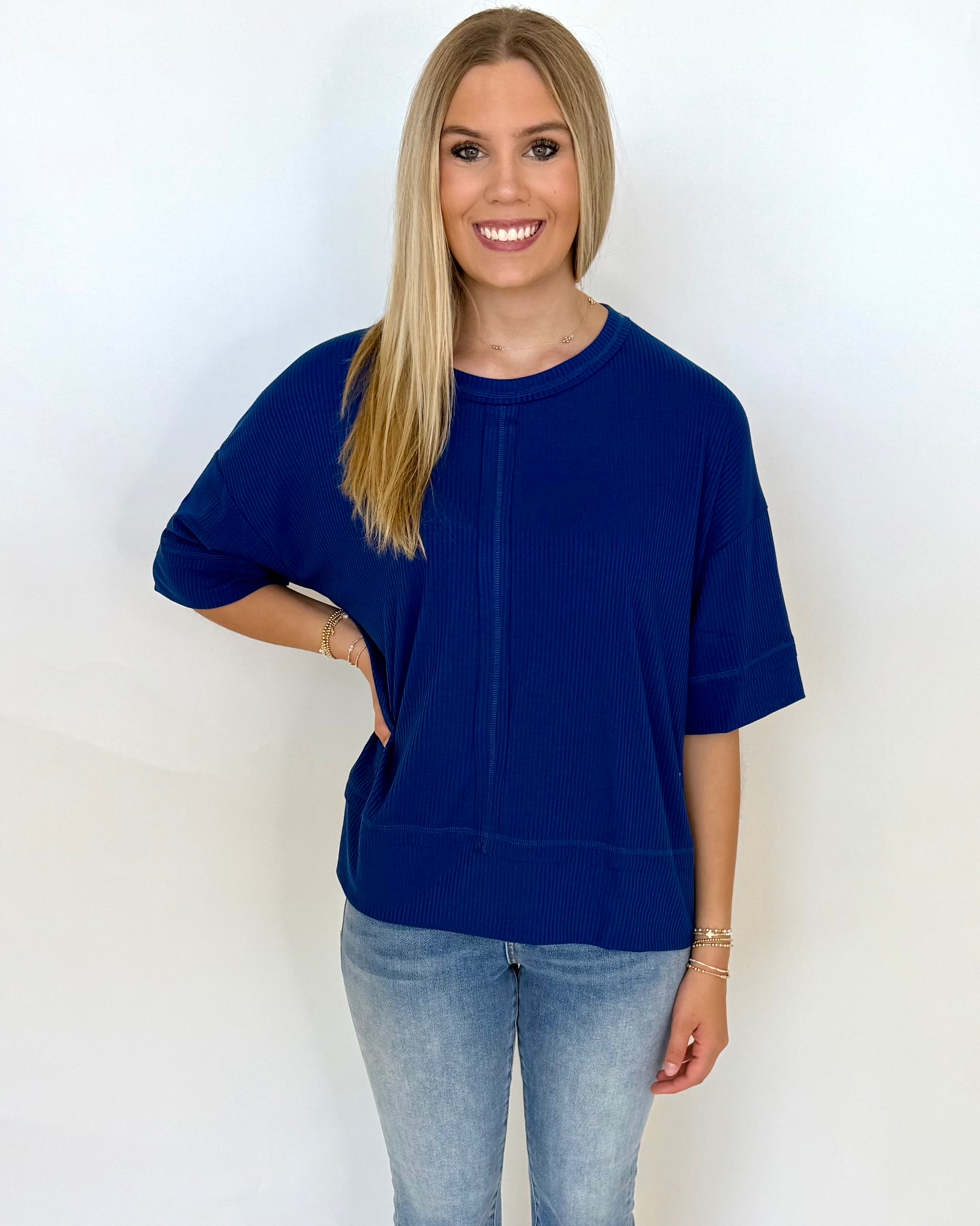 Chill Mode Lt Navy Ribbed Top-Shop-Womens-Boutique-Clothing