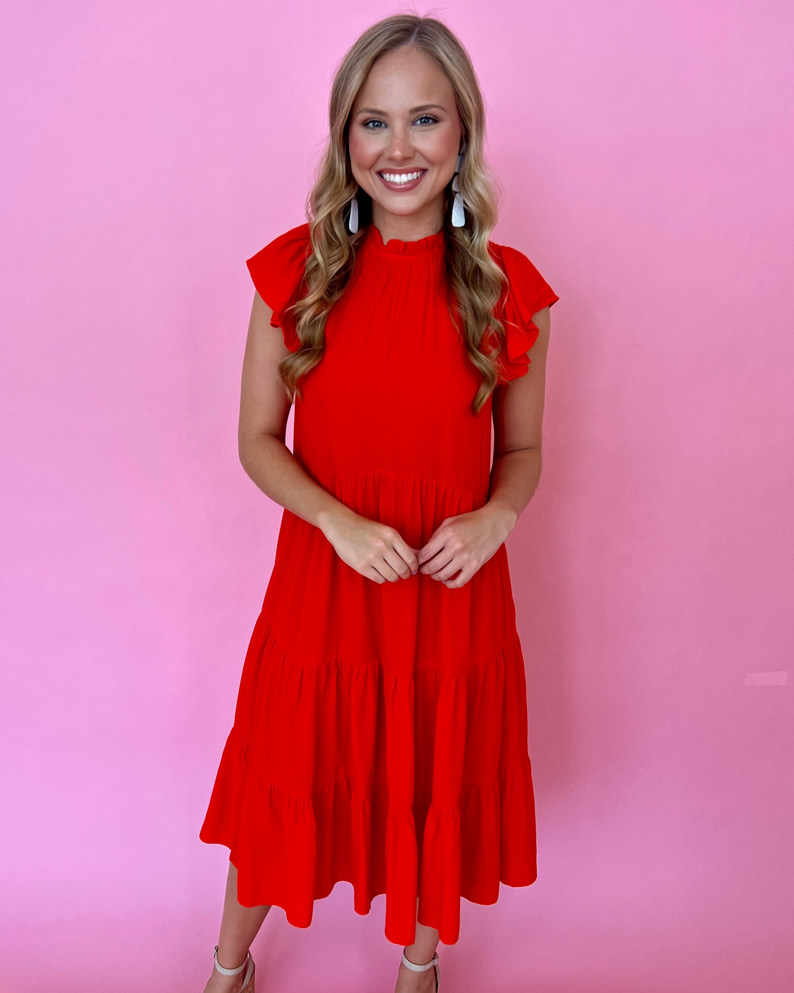 Electric Love Tomato Red High Neck Tiered Midi Dress-Shop-Womens-Boutique-Clothing