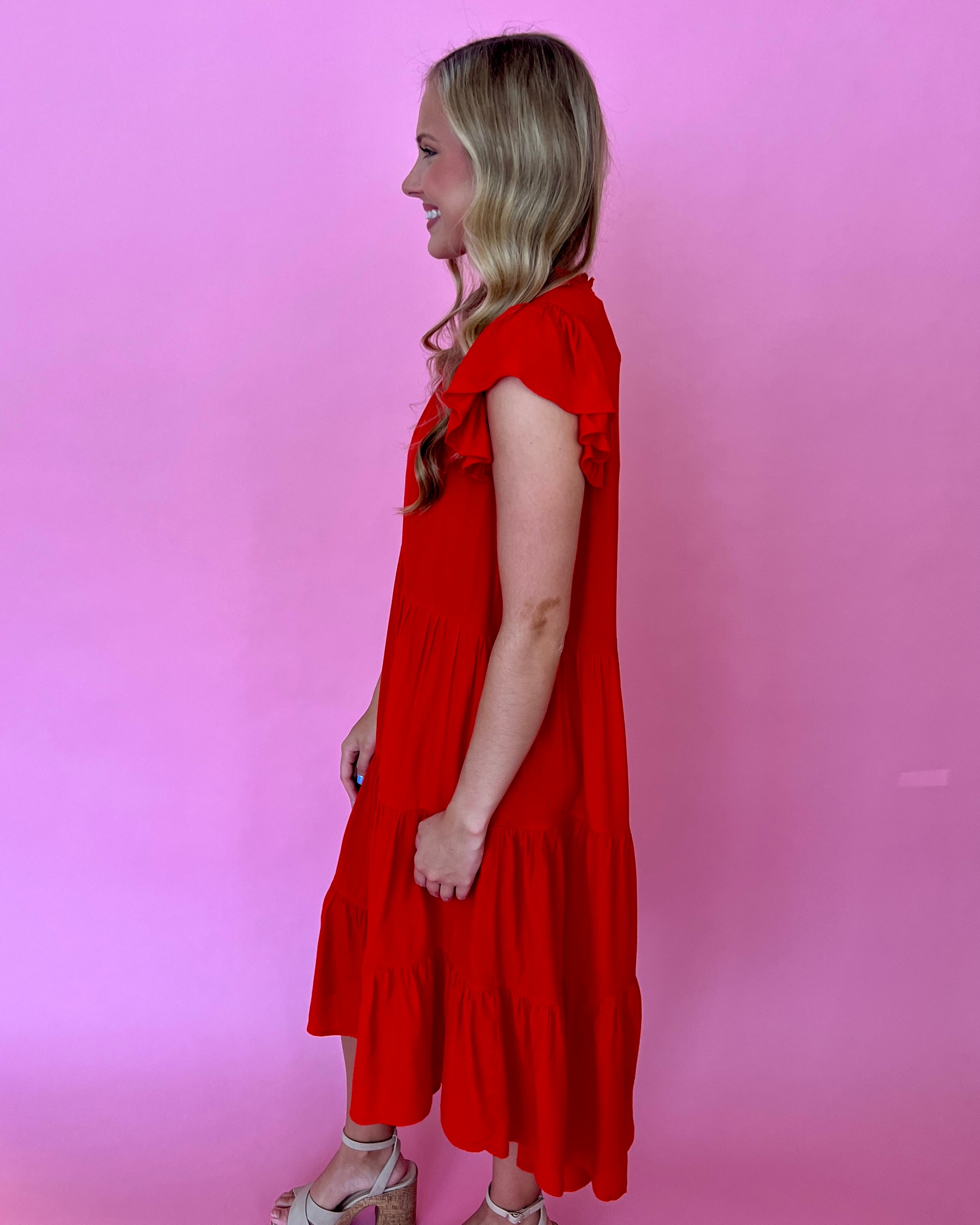 Electric Love Tomato Red High Neck Tiered Midi Dress-Shop-Womens-Boutique-Clothing