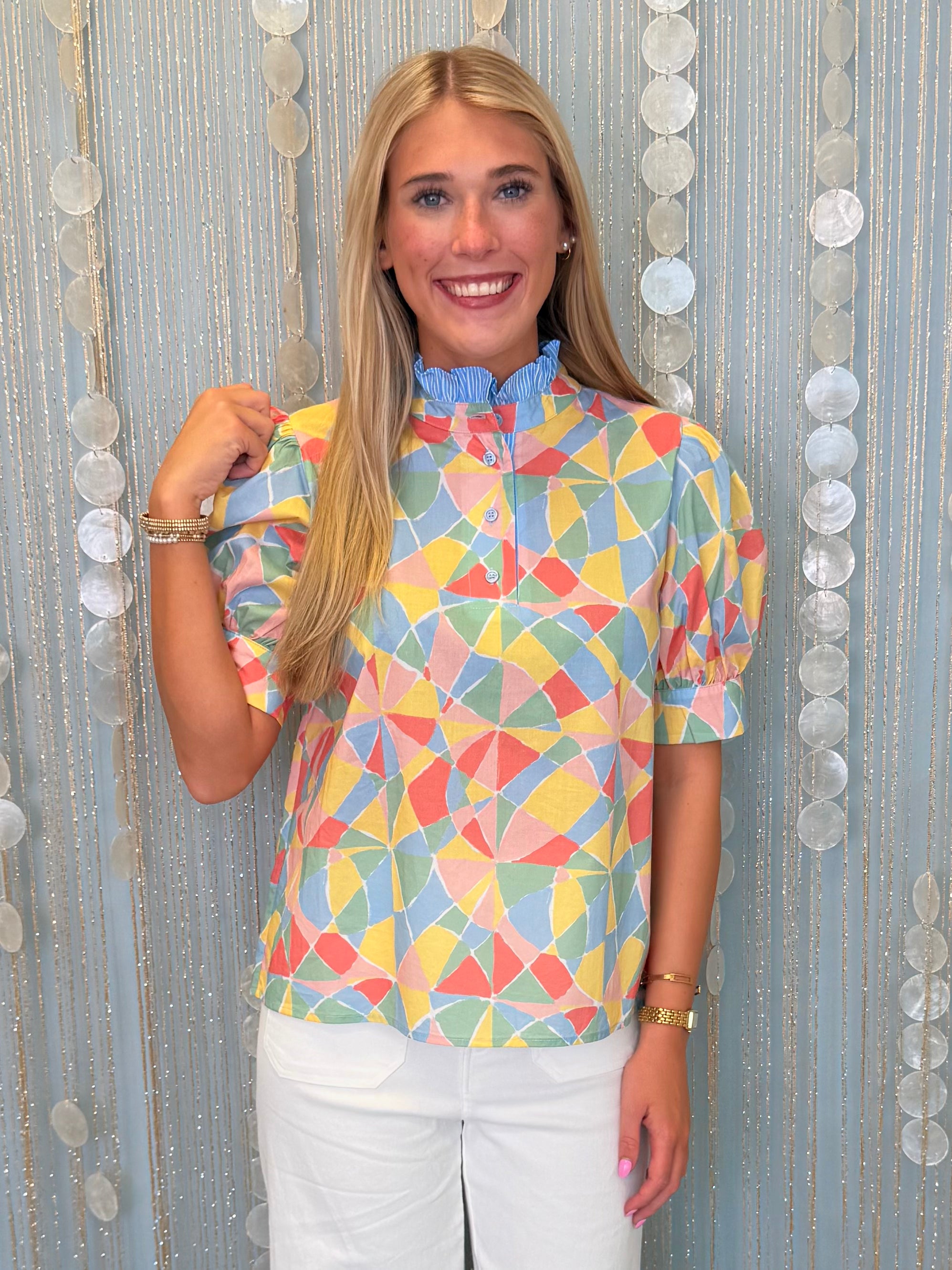Setting Sail Blue Mix Geometric Print Button Up Top-Shop-Womens-Boutique-Clothing