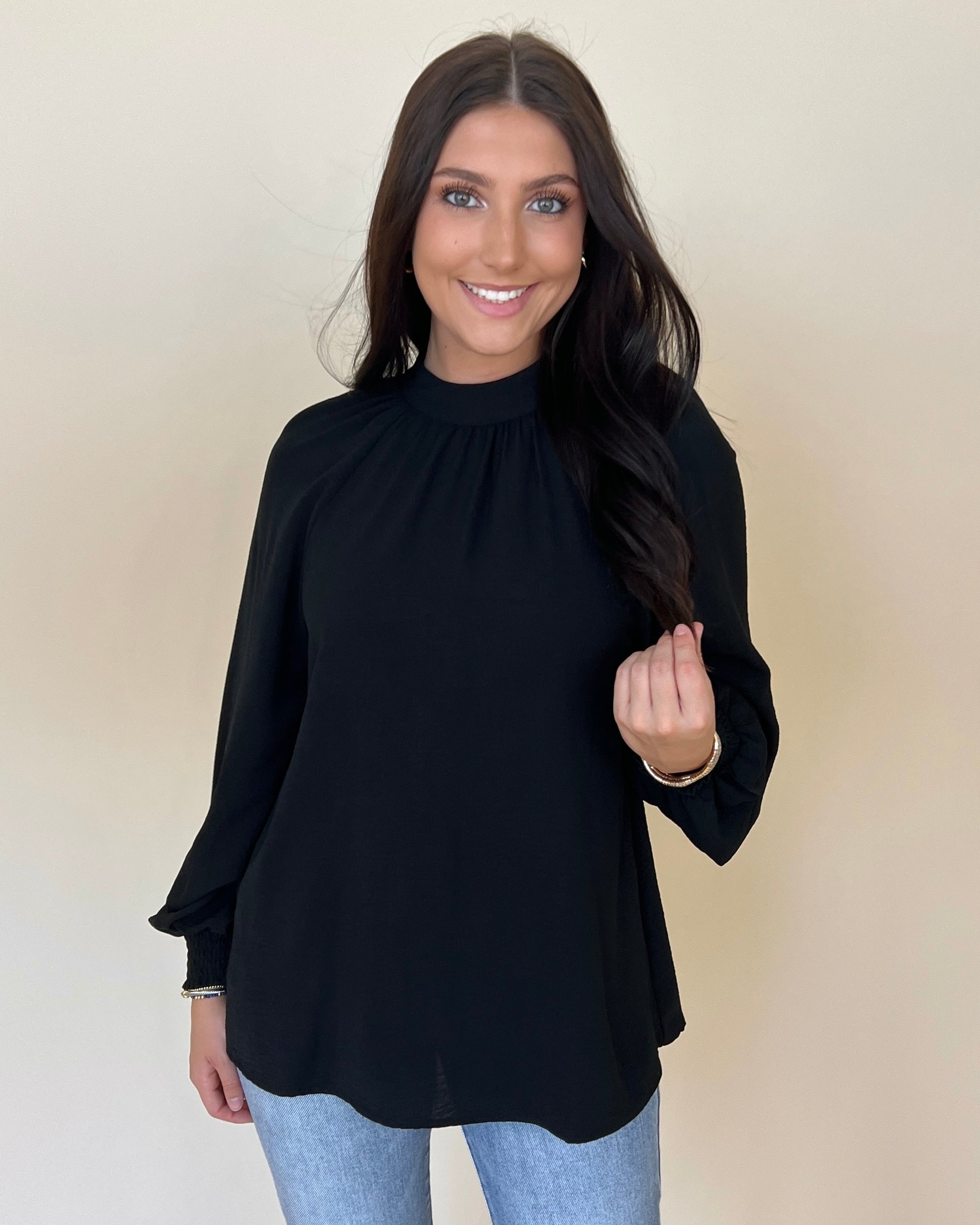 Fine Example Black Smocked Sleeve Top-Shop-Womens-Boutique-Clothing
