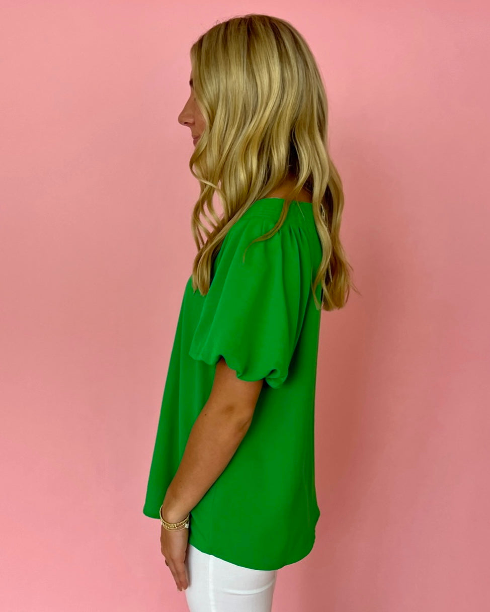 My Dearest Darling Kelly Green Puff Sleeve Round Neck Top-Shop-Womens-Boutique-Clothing