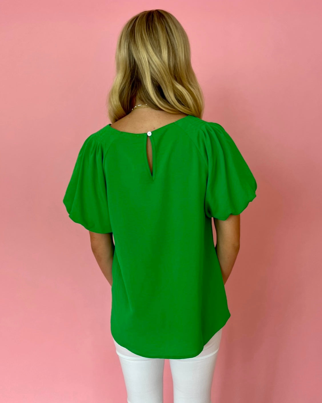 My Dearest Darling Kelly Green Puff Sleeve Round Neck Top-Shop-Womens-Boutique-Clothing