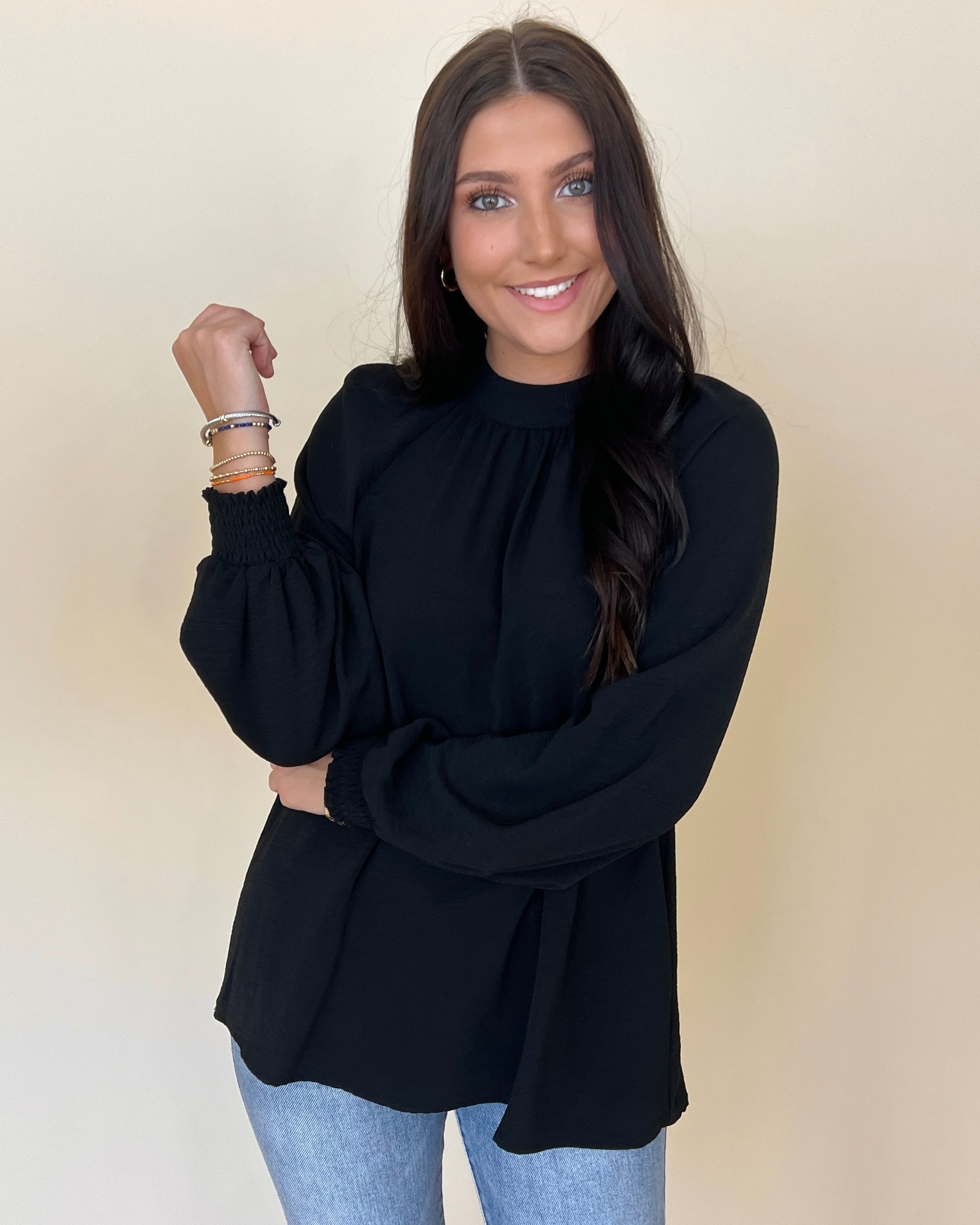 Fine Example Black Smocked Sleeve Top-Shop-Womens-Boutique-Clothing