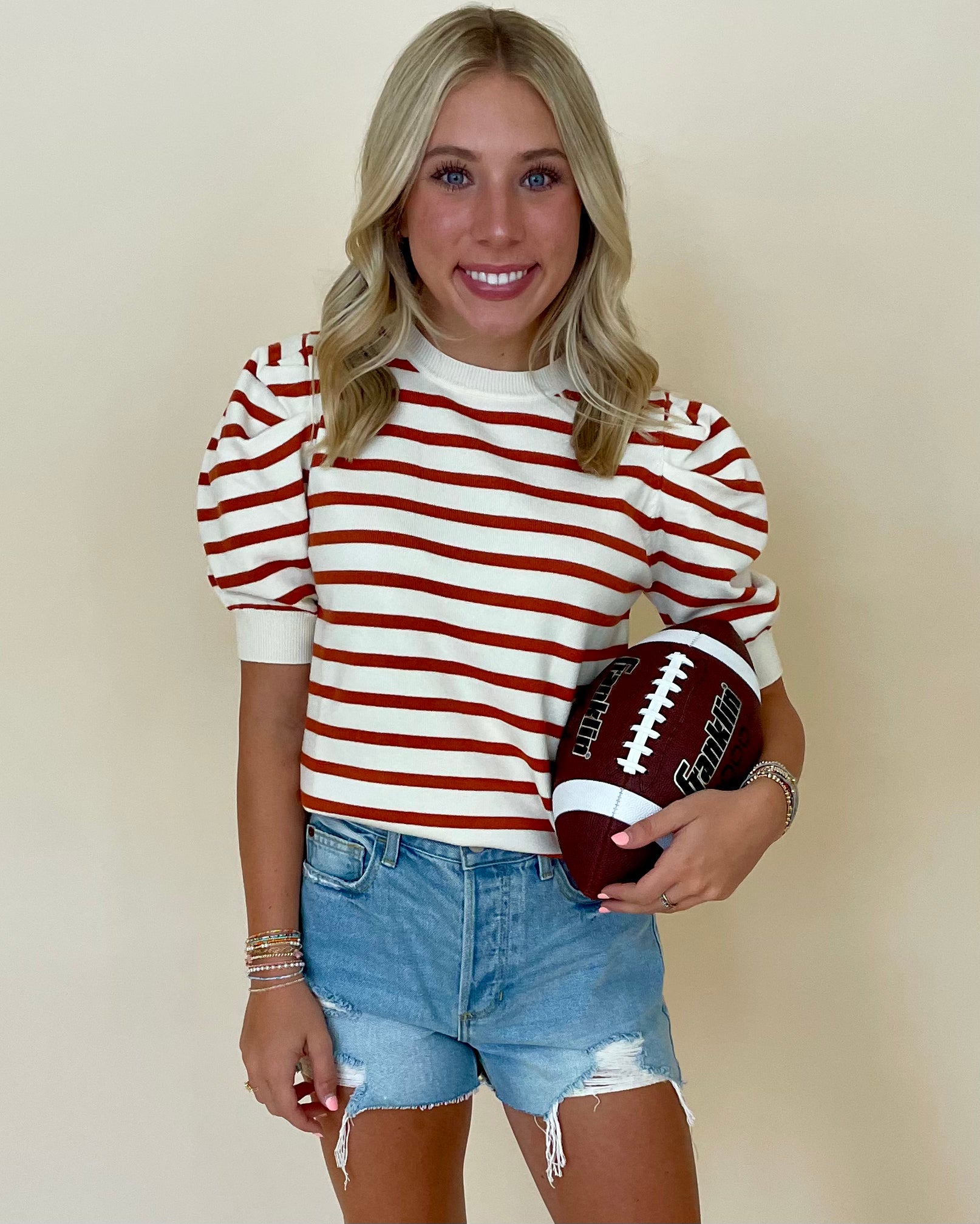 Game Time Cream/Rust Puff Sleeve Sweater-Shop-Womens-Boutique-Clothing