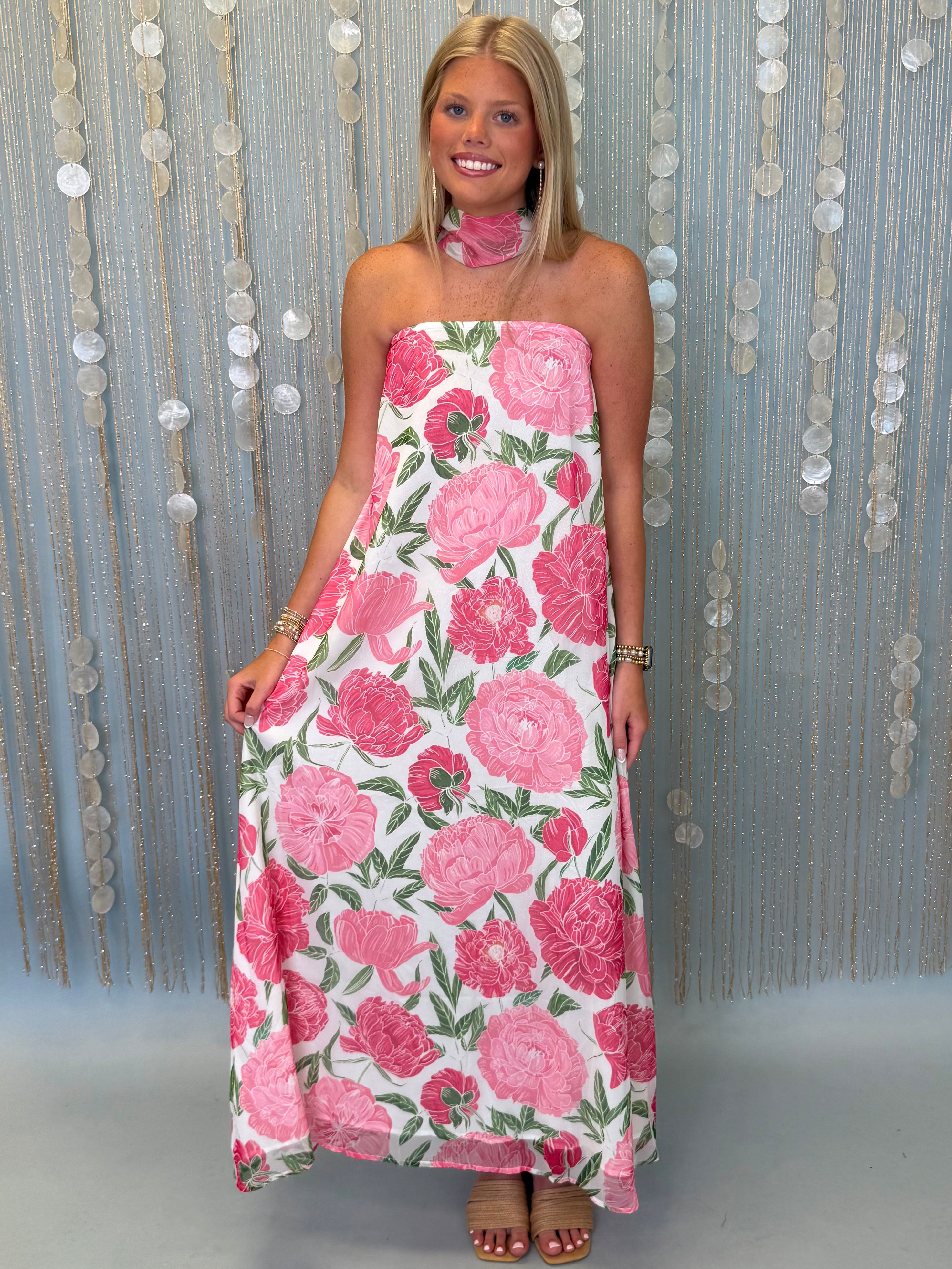 Pretty Avenue Pink Floral Dress W/ Scarf-Shop-Womens-Boutique-Clothing