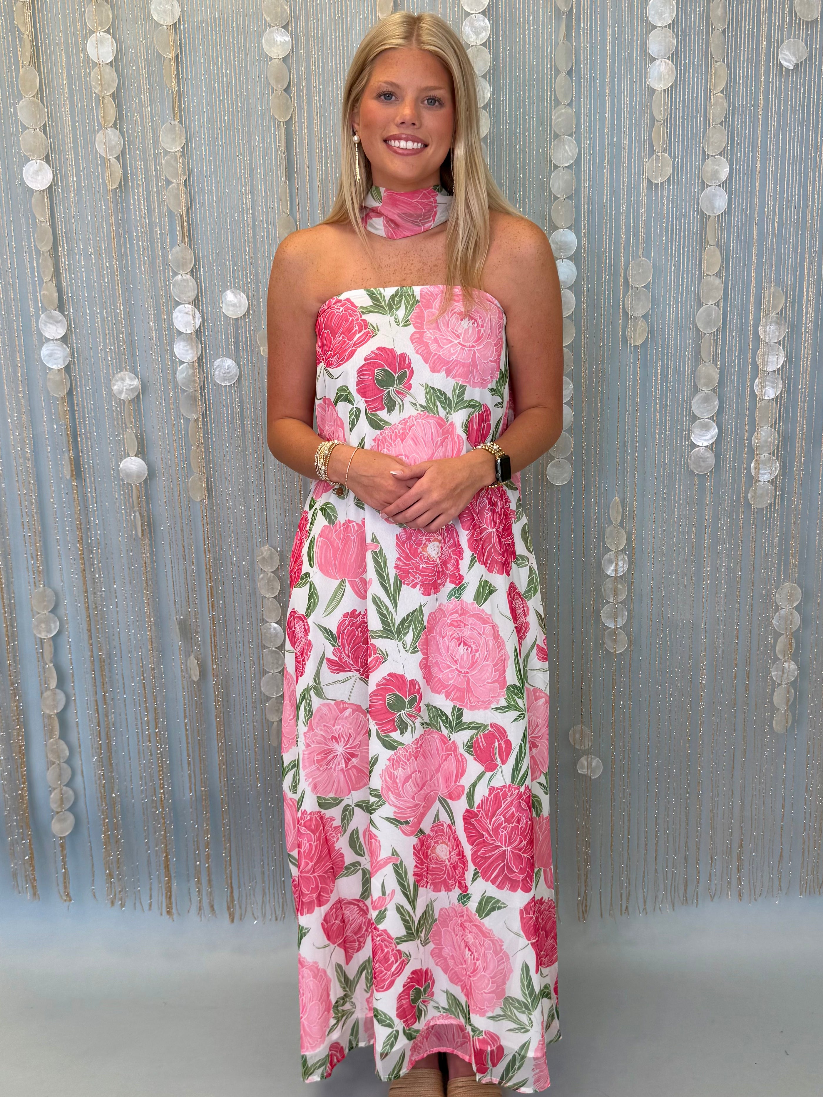 Pretty Avenue Pink Floral Dress W/ Scarf-Shop-Womens-Boutique-Clothing