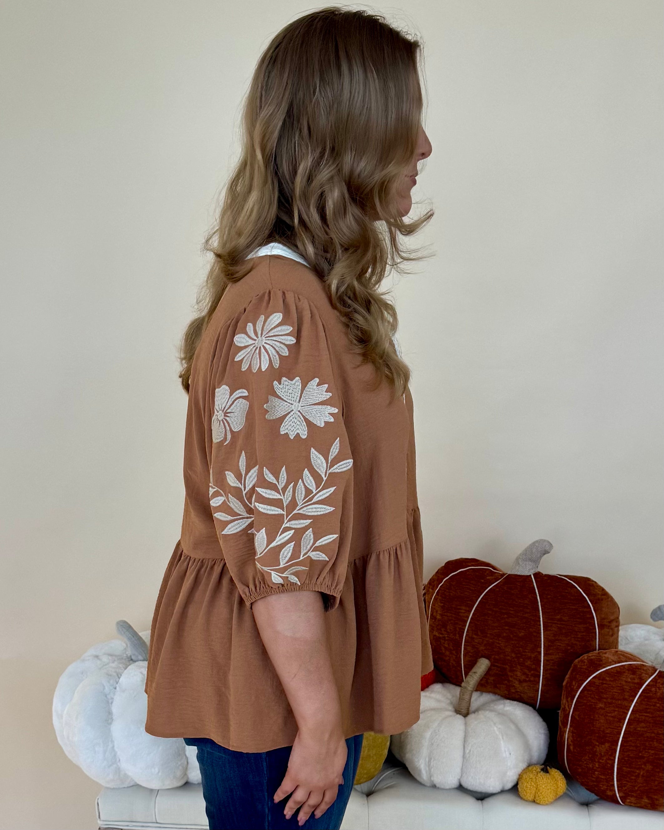 Give My Heart Mocha Plus Embroidered V Neck Top-Shop-Womens-Boutique-Clothing