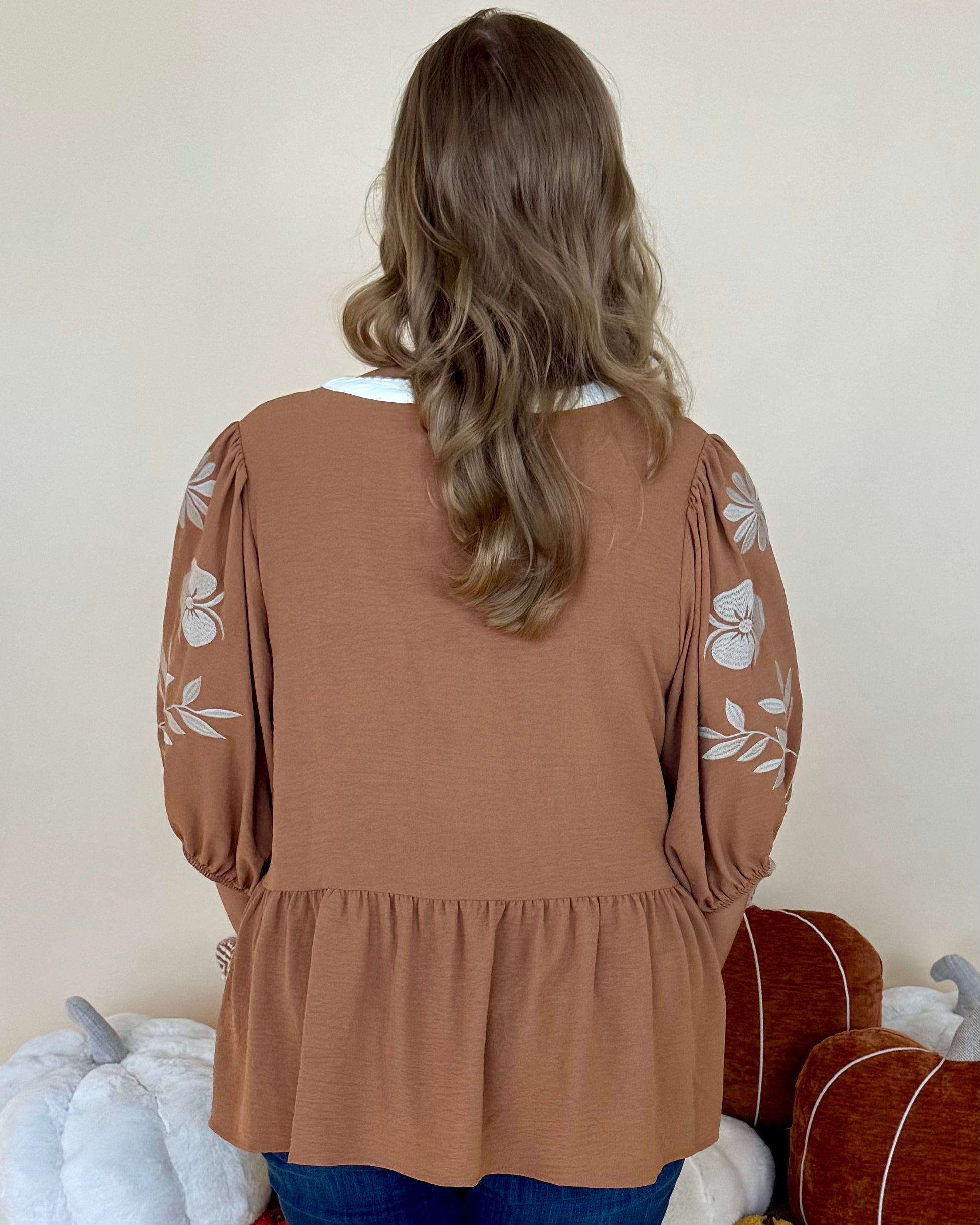 Give My Heart Mocha Plus Embroidered V Neck Top-Shop-Womens-Boutique-Clothing