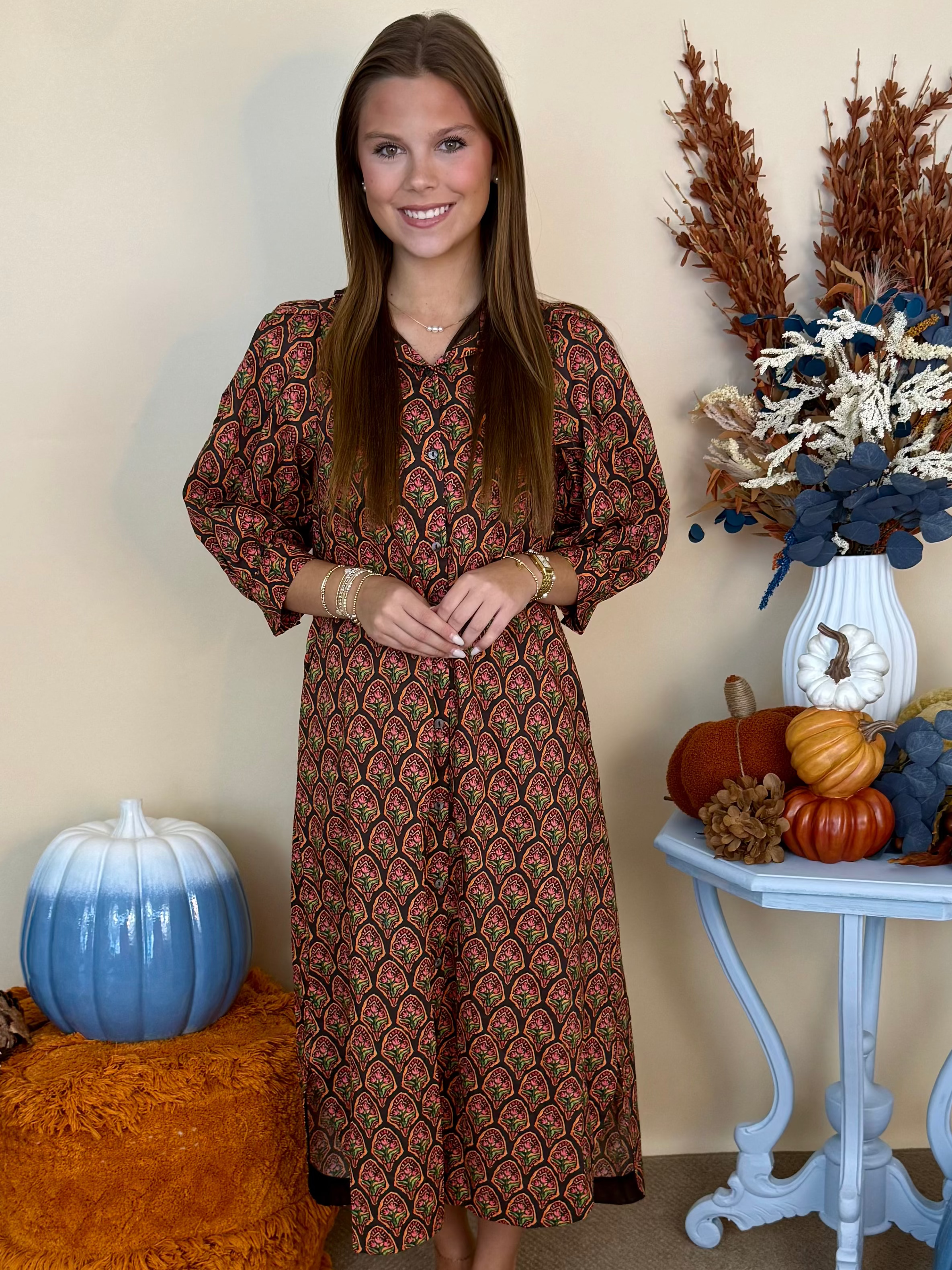 Made You Look Navy Floral 3/4 Puff Sleeve Midi Dress-Shop-Womens-Boutique-Clothing