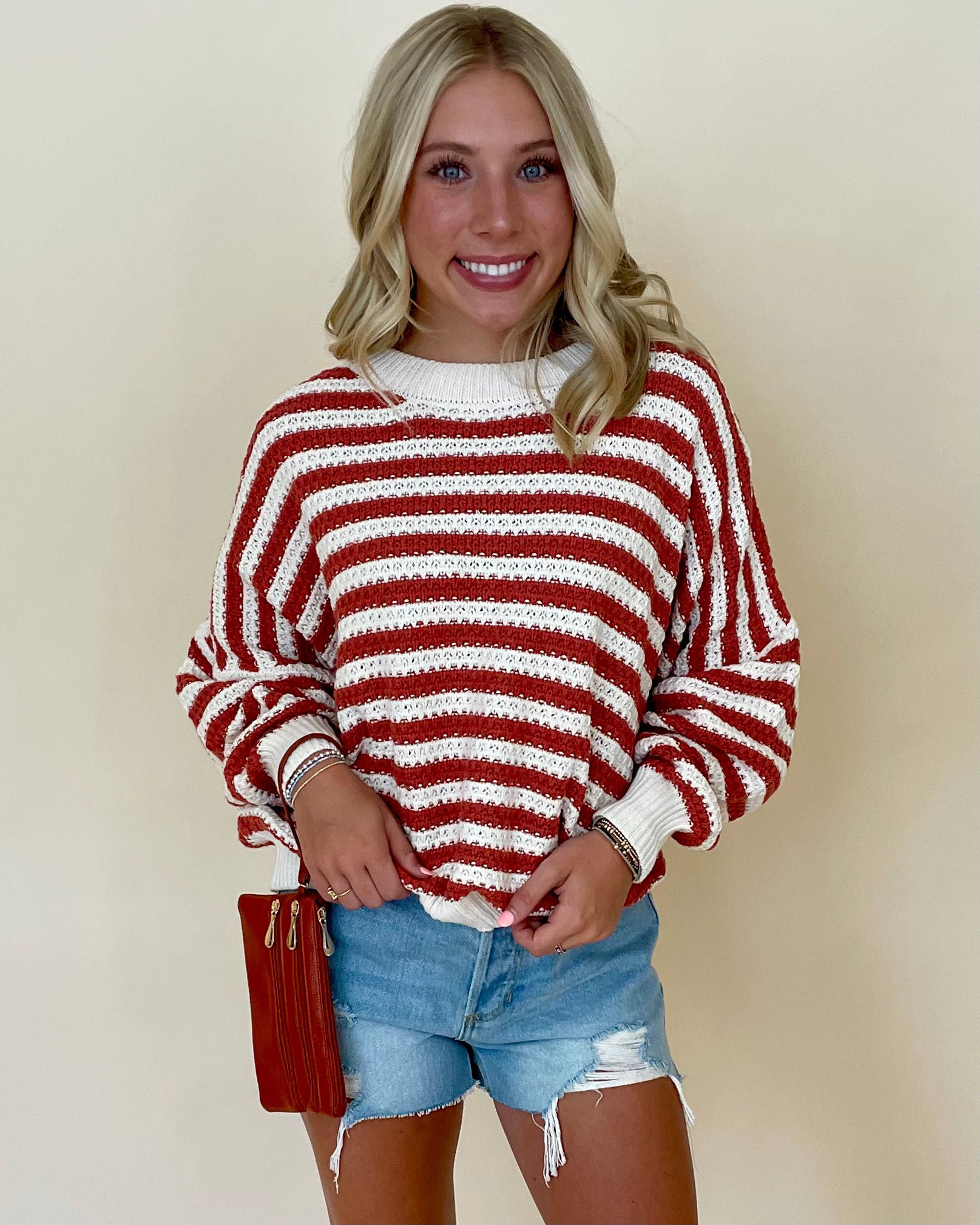 Crowd Favorite Rust Striped Crochet Sweater-Shop-Womens-Boutique-Clothing