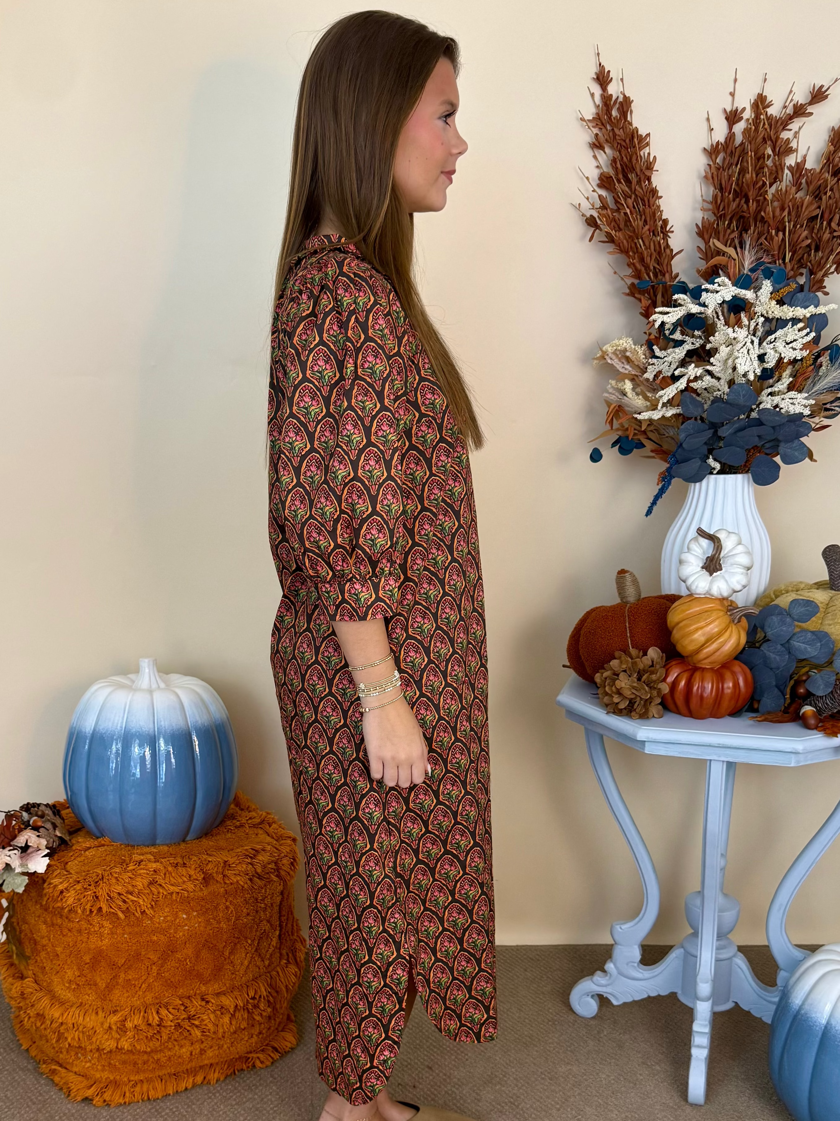Made You Look Navy Floral 3/4 Puff Sleeve Midi Dress-Shop-Womens-Boutique-Clothing