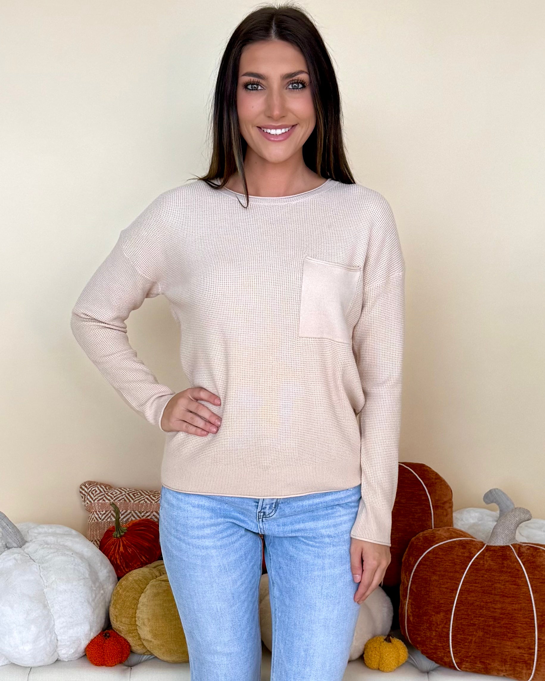 Perfectly Classic Oatmeal Waffle Knit Sweater-Shop-Womens-Boutique-Clothing