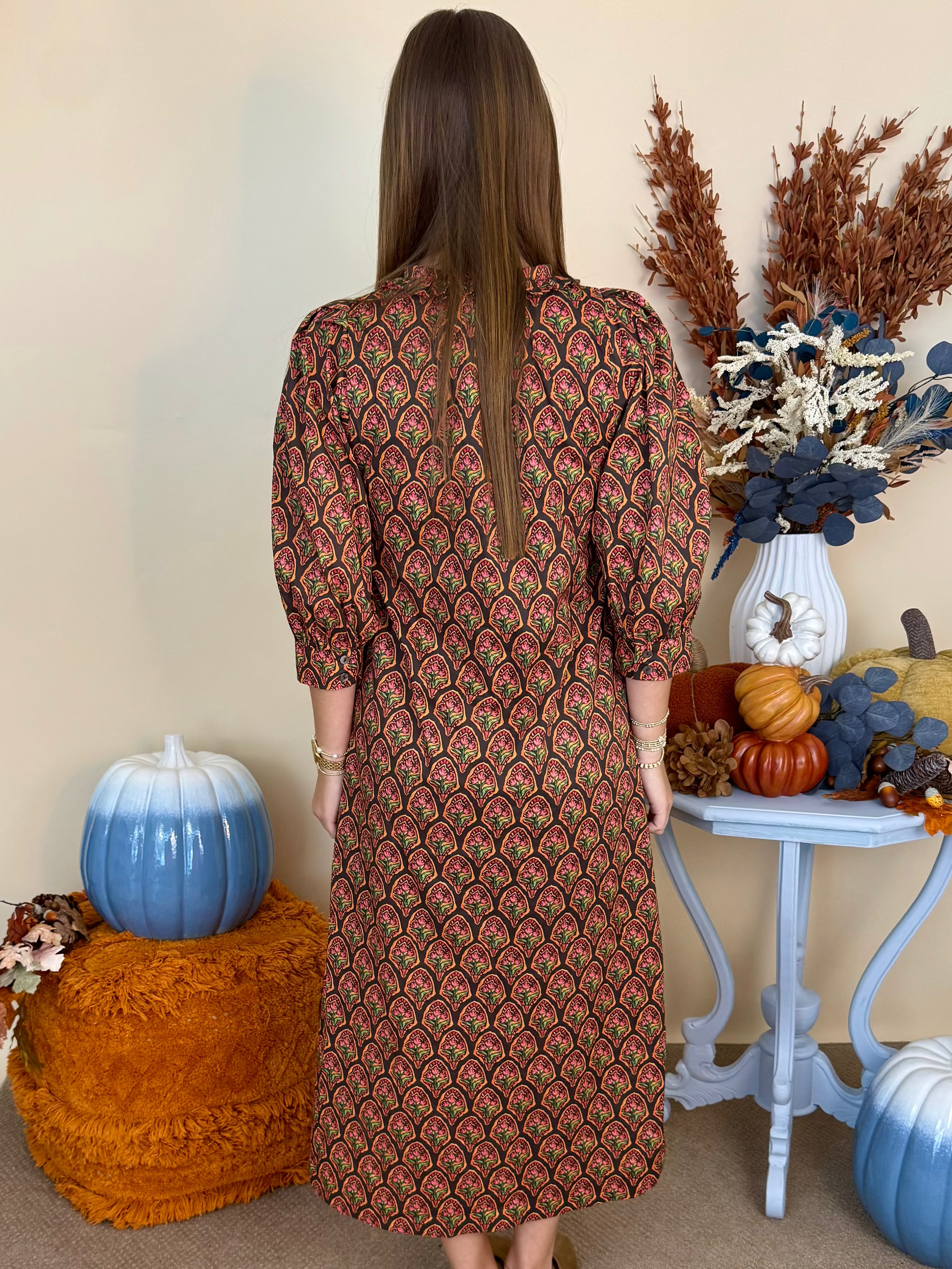 Made You Look Navy Floral 3/4 Puff Sleeve Midi Dress-Shop-Womens-Boutique-Clothing