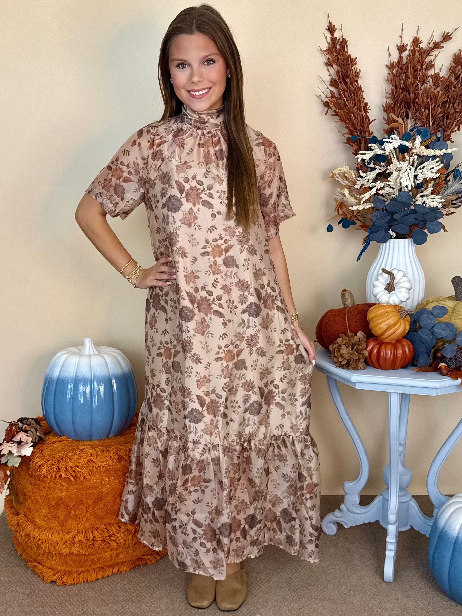 Little Secret Taupe Floral Back Tie Sheer Maxi Dress-Shop-Womens-Boutique-Clothing