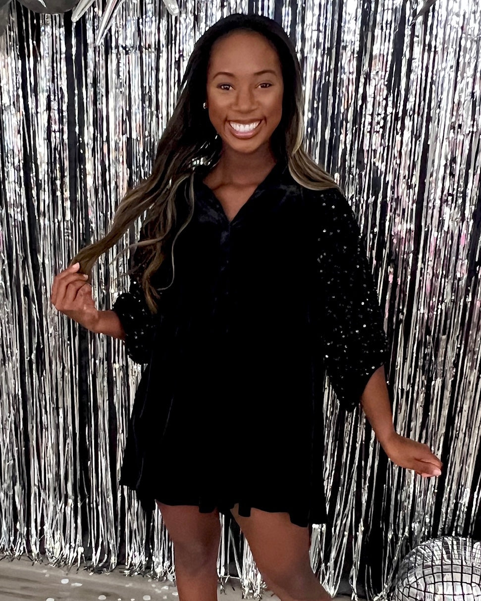 I Love Her Black Velvet Sequin Sleeve Dress-Shop-Womens-Boutique-Clothing